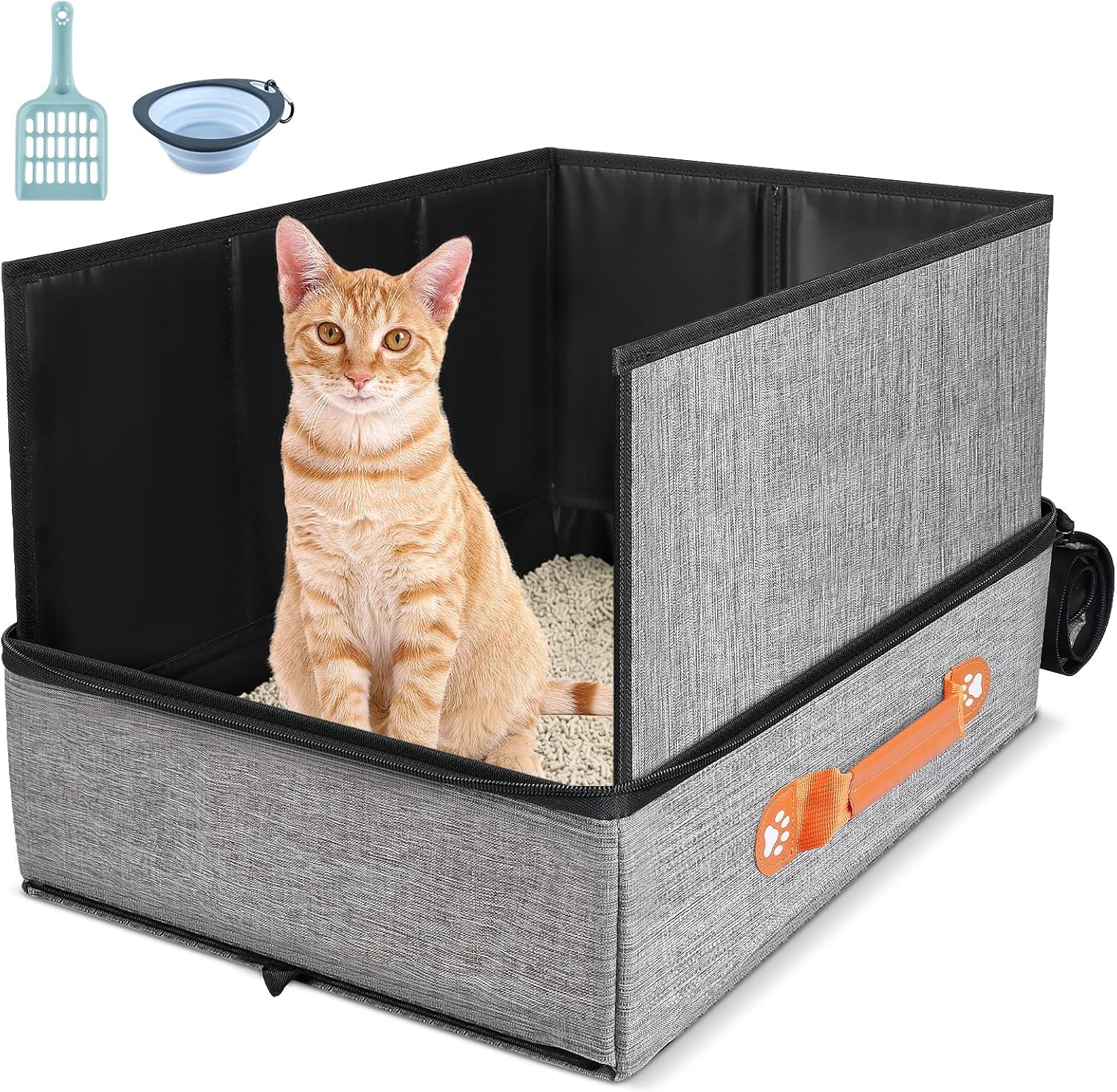 Portable Travel Litter Box for Cats with Lid, Collapsible Cat Litter Box with Zipper, Leak-Proof Cat Box for Car, Hotel, Airplane
