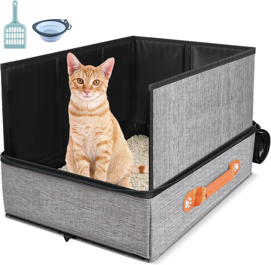 Portable Travel Litter Box for Cats with Lid, 17.7×13.5×13.75in Collapsible Cat Litter Box with Zipper, Leak-Proof Cat Box for Car, Hotel, Airplane
