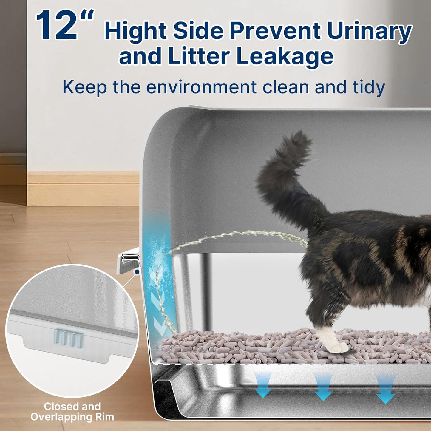 Enclosed Stainless Steel Litter Box with Lid, XL Sifting Litter Box for Pine Pellets with Removable Drawer Pan