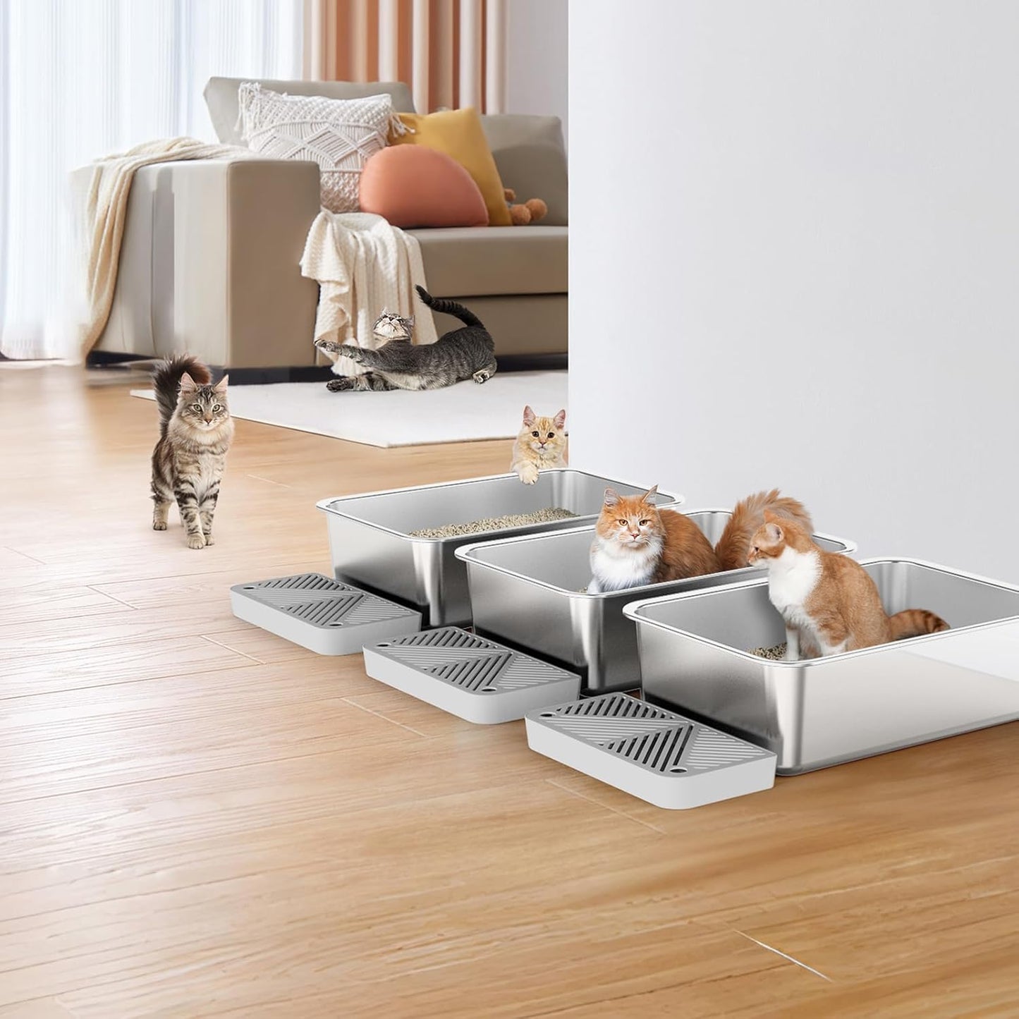 3 Pack 19.6"x13.7"x6" Stainless Steel Litter Box with 26L Litter Capacity, Metal Litter Pan with Footboard