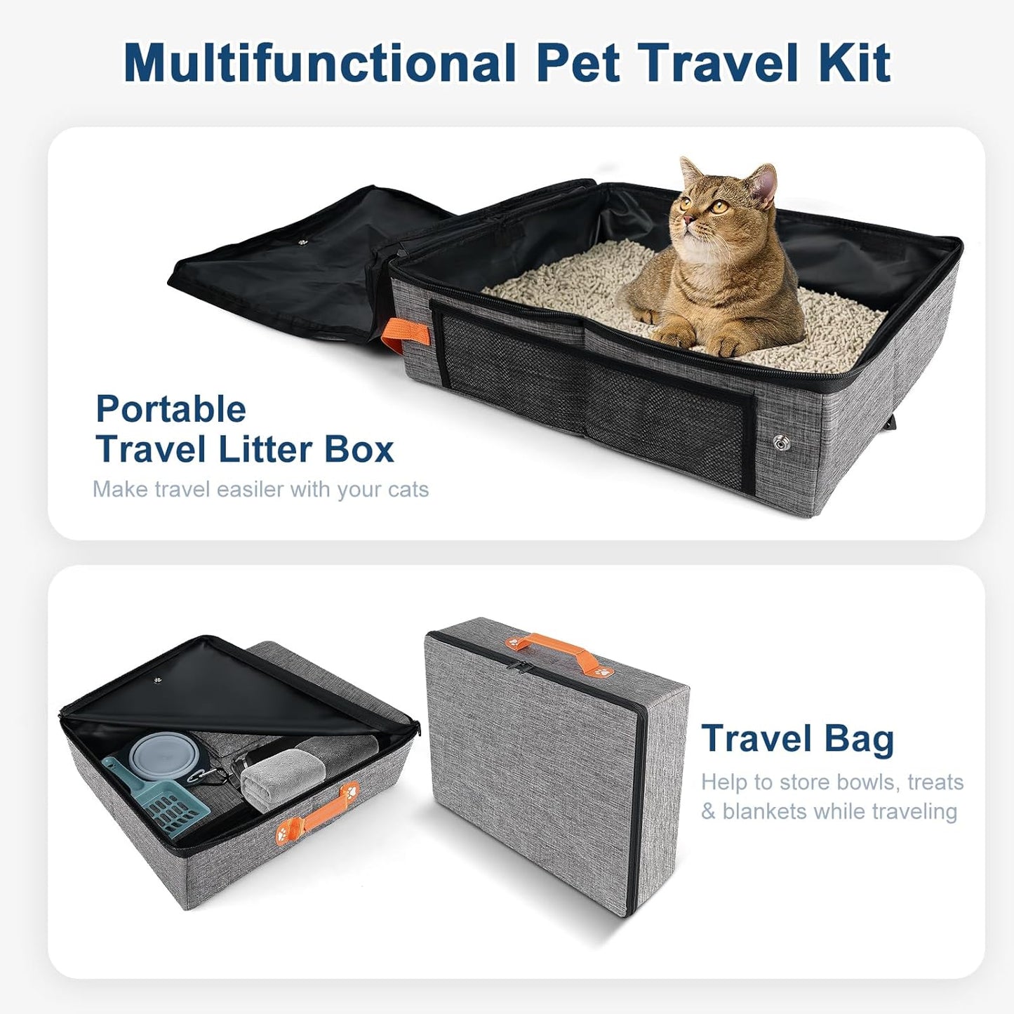 Portable Travel Litter Box for Cats with Lid, 17.7×13.5×13.75in Collapsible Cat Litter Box with Zipper, Leak-Proof Cat Box for Car, Hotel, Airplane