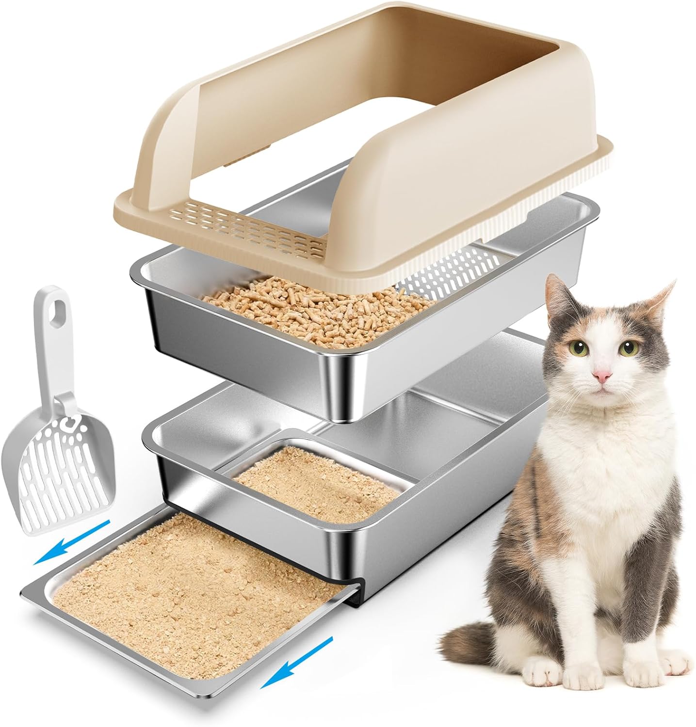 Stainless Steel Sifting Litter Box with Lid, XL Sifting Litter Box for Pine Pellets