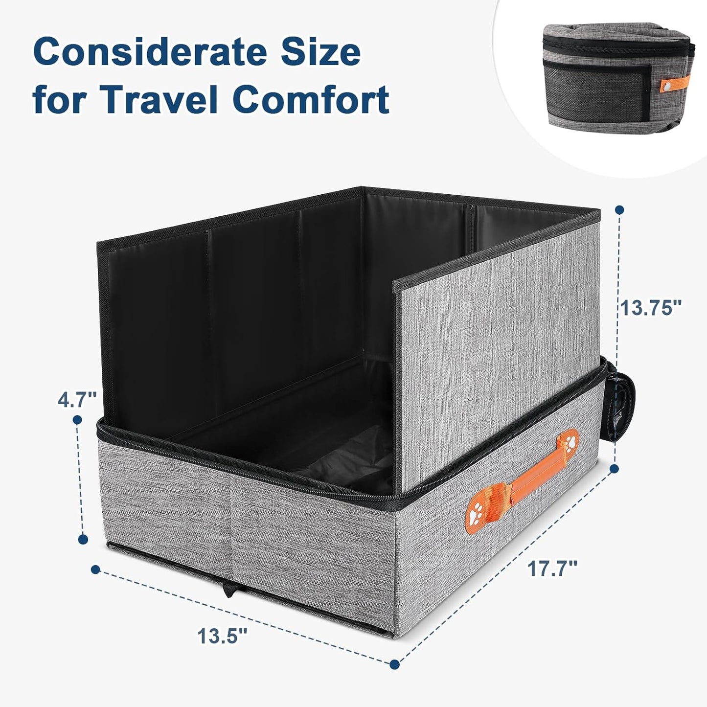 Portable Travel Litter Box for Cats with Lid, 17.7×13.5×13.75in Collapsible Cat Litter Box with Zipper, Leak-Proof Cat Box for Car, Hotel, Airplane