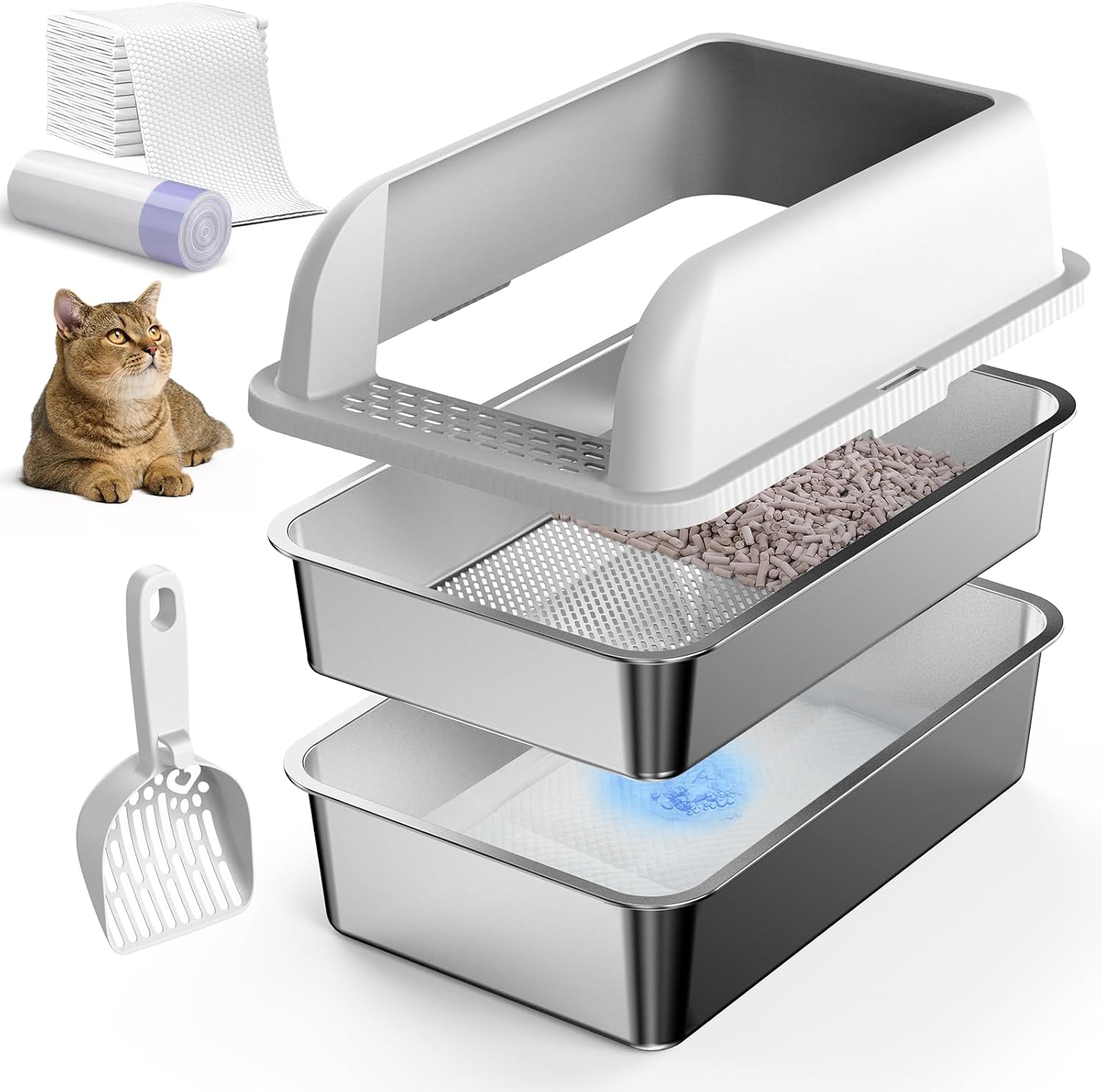 Enclosed Stainless Steel Litter Box with Lid, XL Sifting Litter Box for Pine Pellets