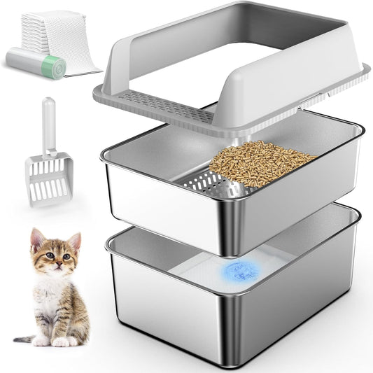 17.3”×13.4”×10.5” Enclosed Pine Pellet Stainless Steel Sifting Litter Box for Small Cat and Bunny