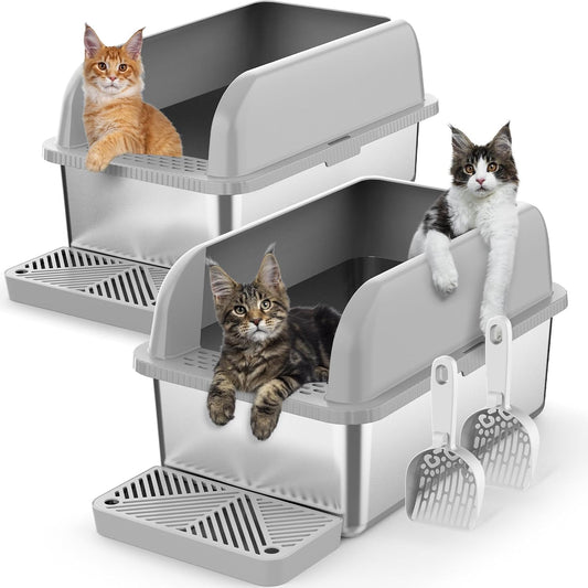 2 Pack 8" Deep Stainless Steel Litter Box with Lid