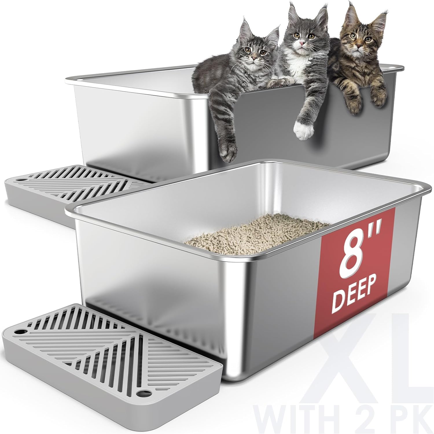 2 Pack 8" Extra Deep & Large Stainless Steel Litter Box for Cat with 49L Big Capacity