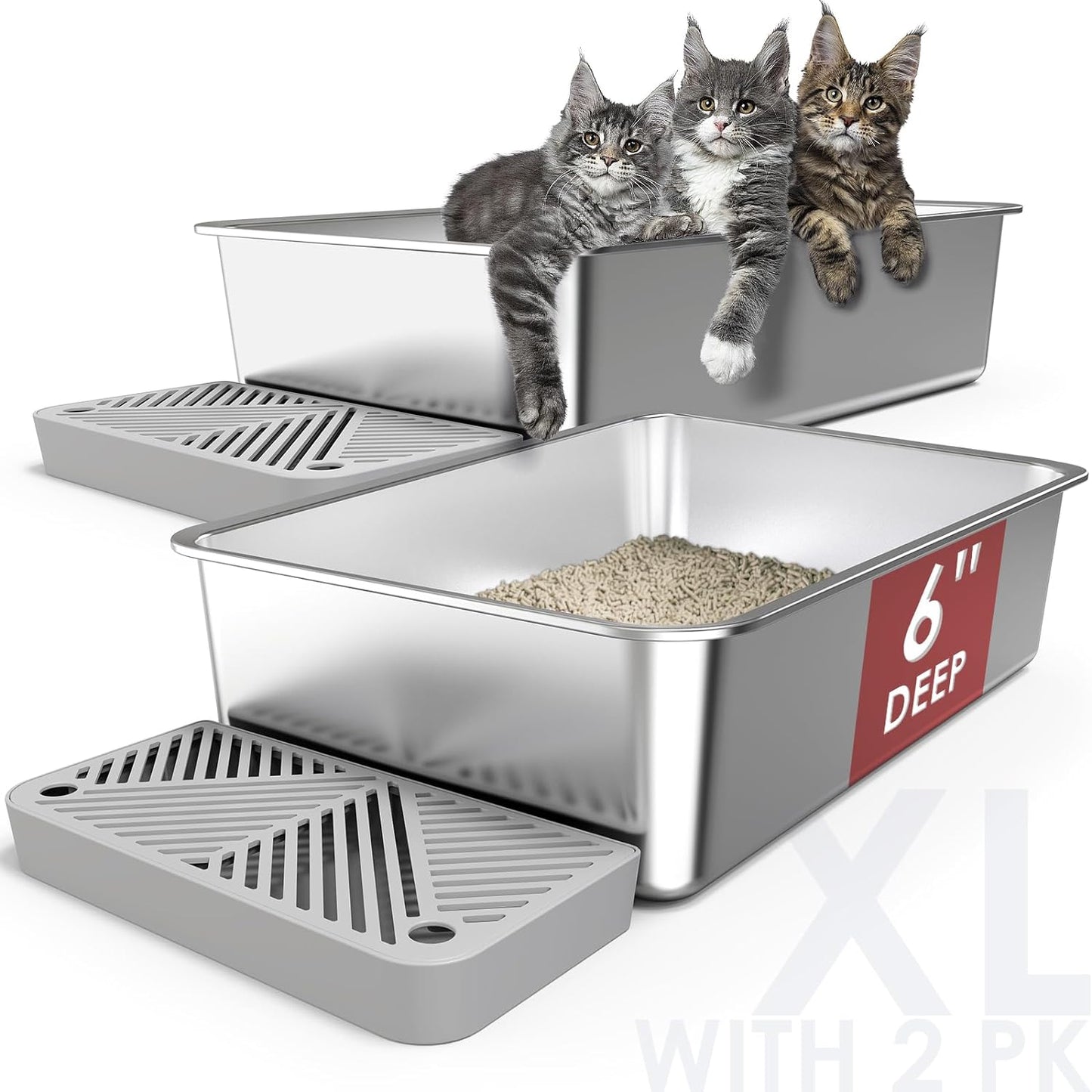 Suzzipaws 2 Pack 6" Deep & Extra Large Stainless Steel Cat Litter Boxes with 36L Big Capacity