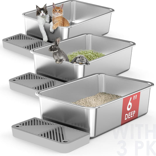3 Pack 19.6"x13.7"x6" Stainless Steel Litter Box with 26L Litter Capacity, Metal Litter Pan with Footboard