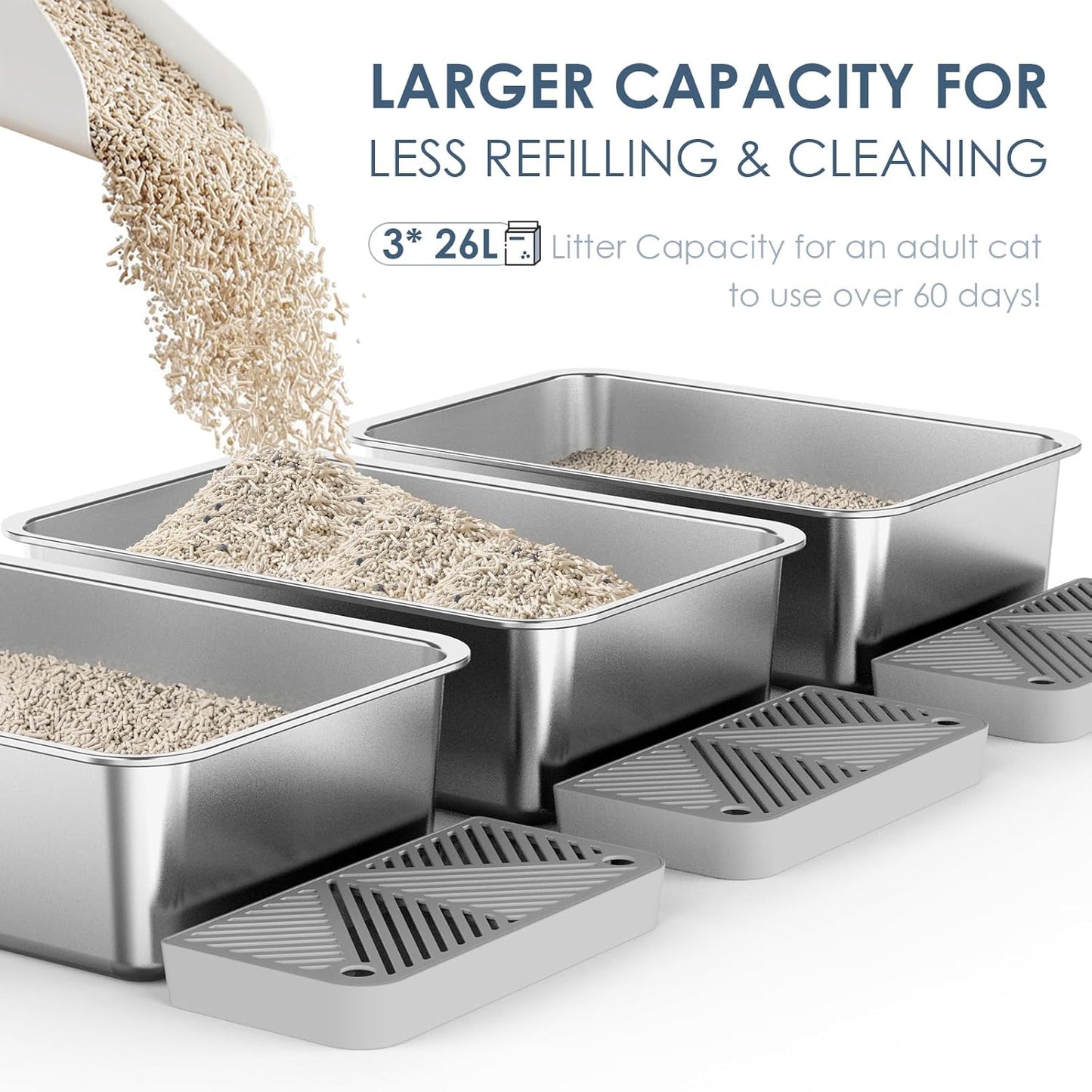 3 Pack 19.6"x13.7"x6" Stainless Steel Litter Box with 26L Litter Capacity, Metal Litter Pan with Footboard