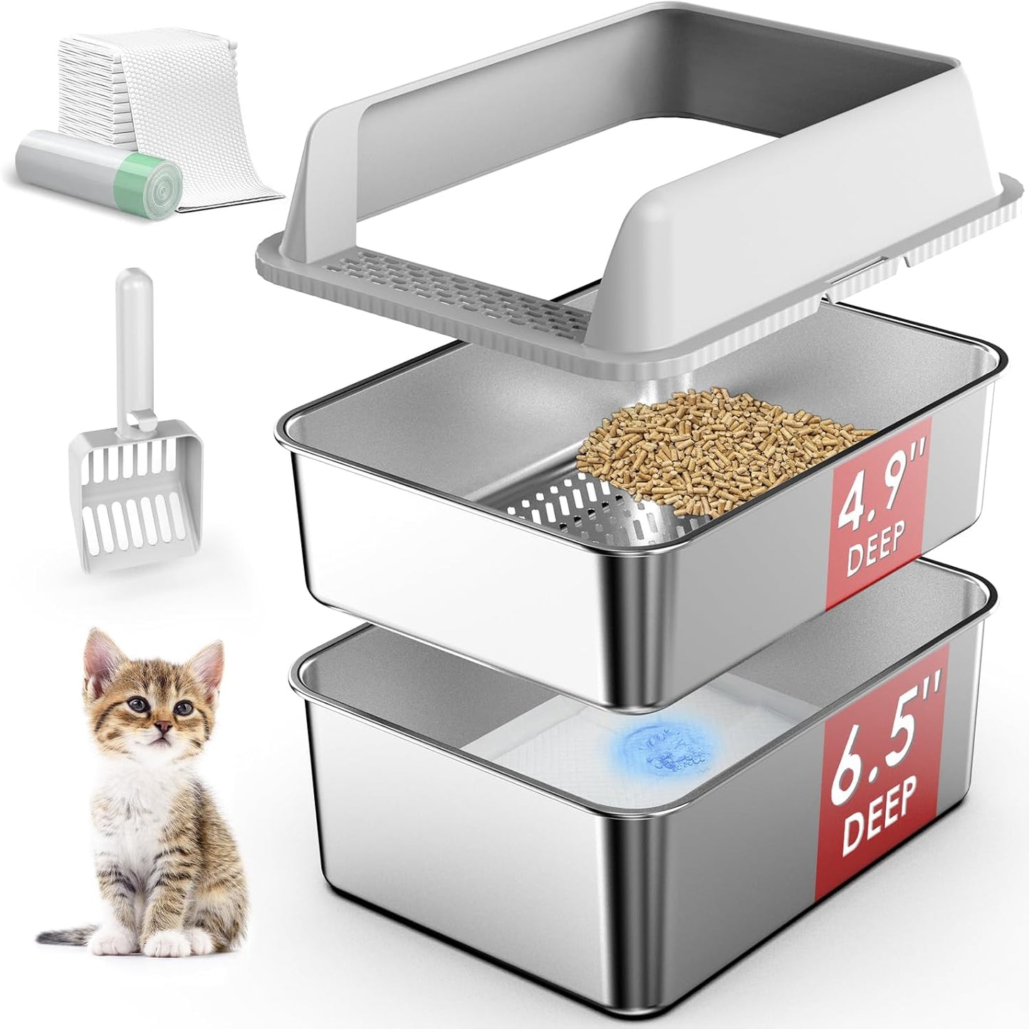 Enclosed Stainless Steel Litter Box with Lid, XL Sifting Litter Box for Pine Pellets