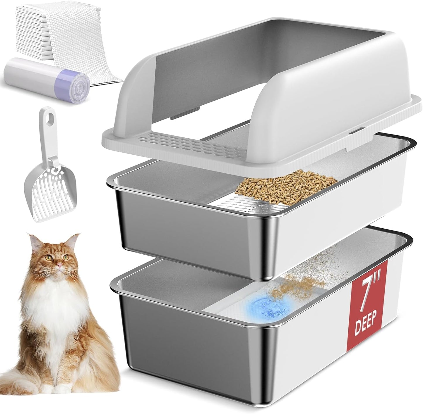 Enclosed Stainless Steel Litter Box with Lid, XL Sifting Litter Box for Pine Pellets
