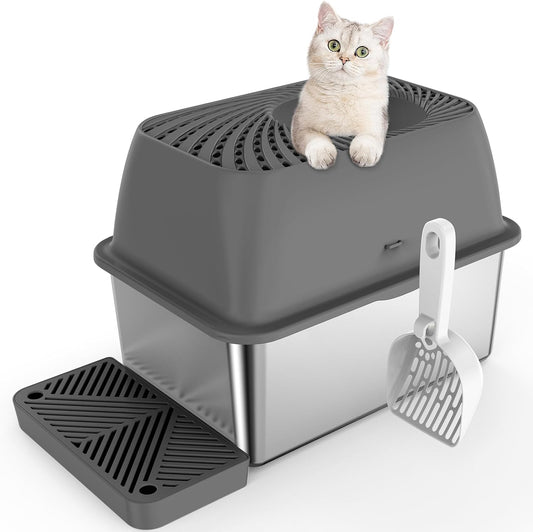 8" Deep Stainless Steel Cat Litter Box with Lid, Top Entry for Dog-Proof, Enclosed with Footboard