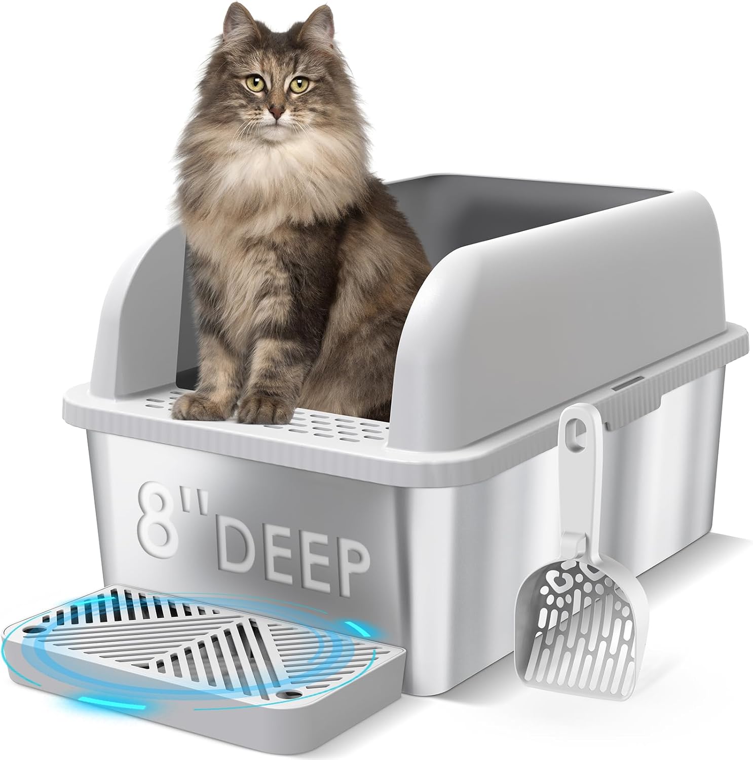 8" Deep Stainless Steel Cat Litter Box with Lid Extra Large Litter Box for Big Cats