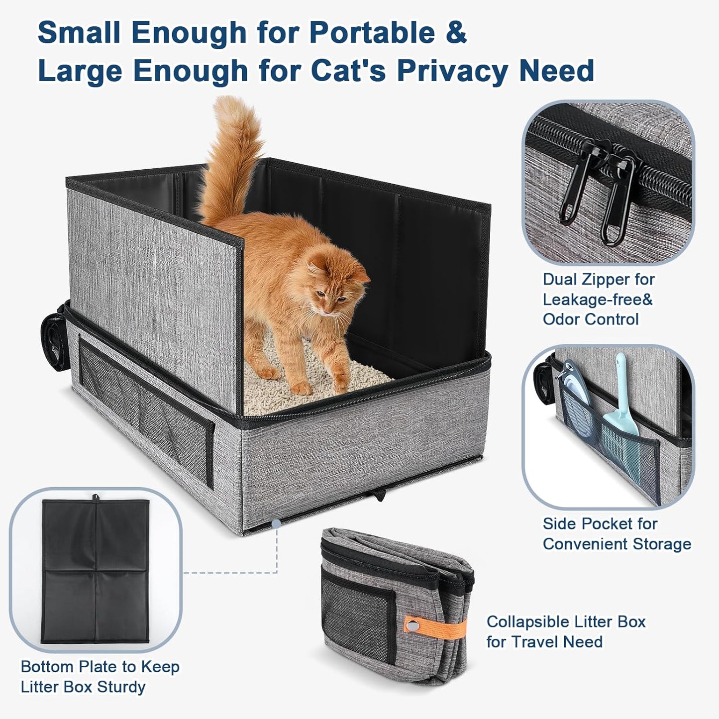 Portable Travel Litter Box for Cats with Lid, 17.7×13.5×13.75in Collapsible Cat Litter Box with Zipper, Leak-Proof Cat Box for Car, Hotel, Airplane