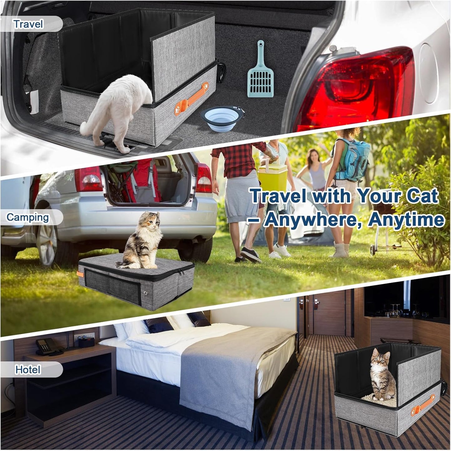 Portable Travel Litter Box for Cats with Lid, 17.7×13.5×13.75in Collapsible Cat Litter Box with Zipper, Leak-Proof Cat Box for Car, Hotel, Airplane