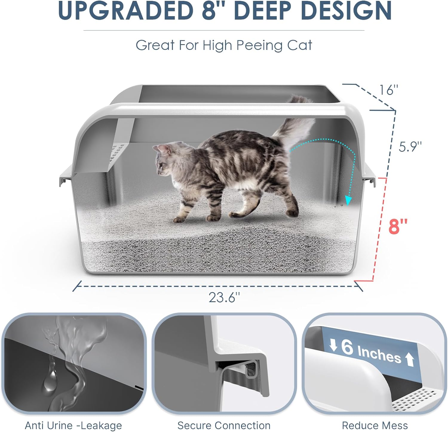 8" Deep Stainless Steel Cat Litter Box with Lid Extra Large Litter Box for Big Cats