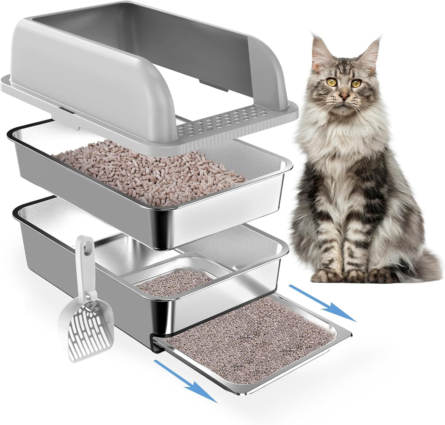 Enclosed Stainless Steel Litter Box with Lid, XL Sifting Litter Box for Pine Pellets with Removable Drawer Pan