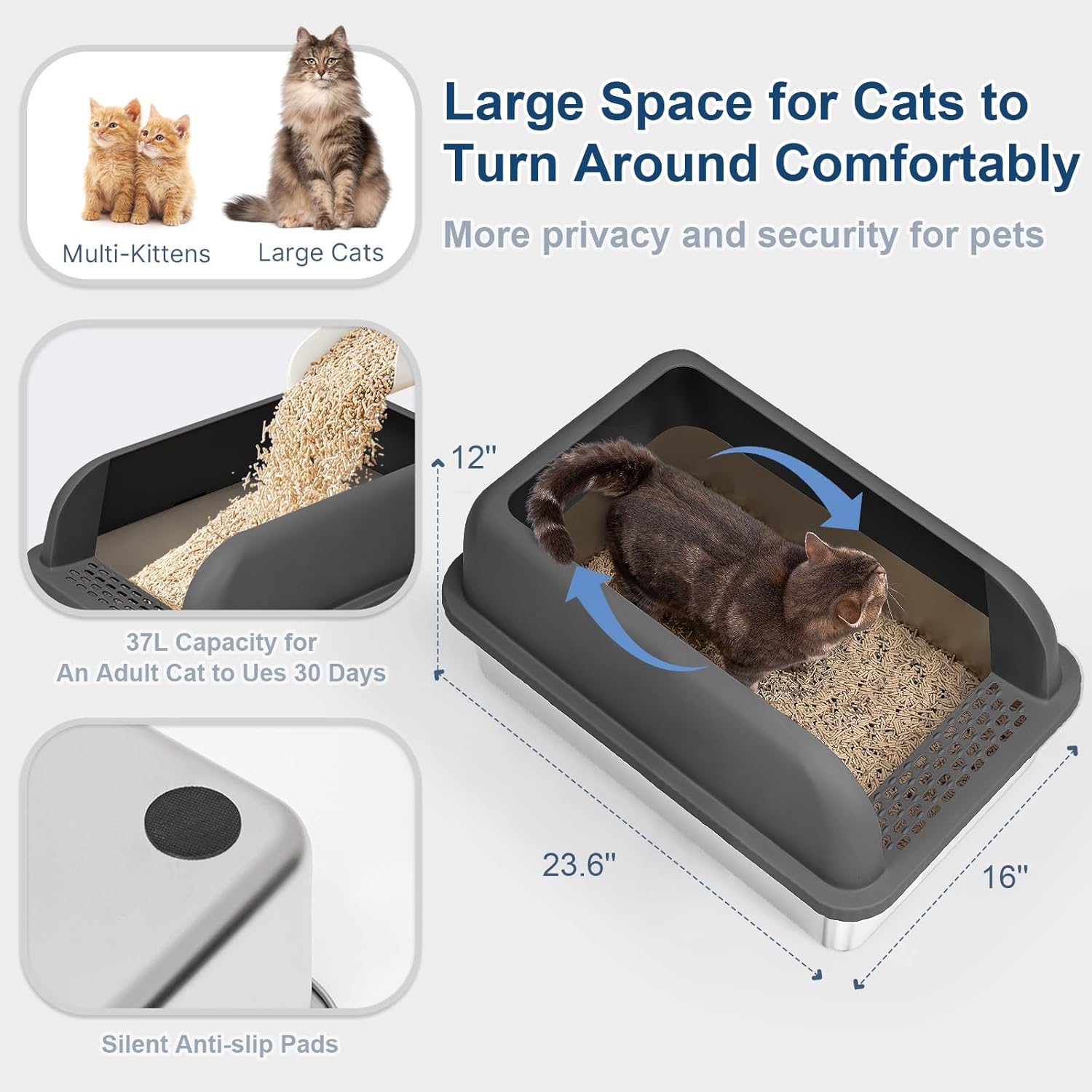 Enclosed Stainless Steel Cat Litter Box with Lid Extra Large Litter Box for Big Cats