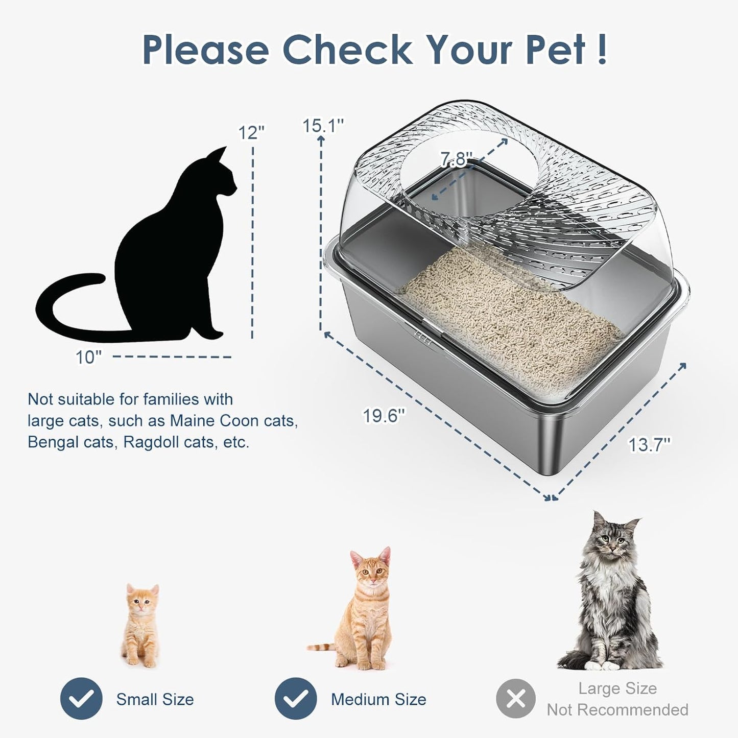 8" Deep Stainless Steel Cat Litter Box with Lid, Top Entry for Dog-Proof, Enclosed with Footboard