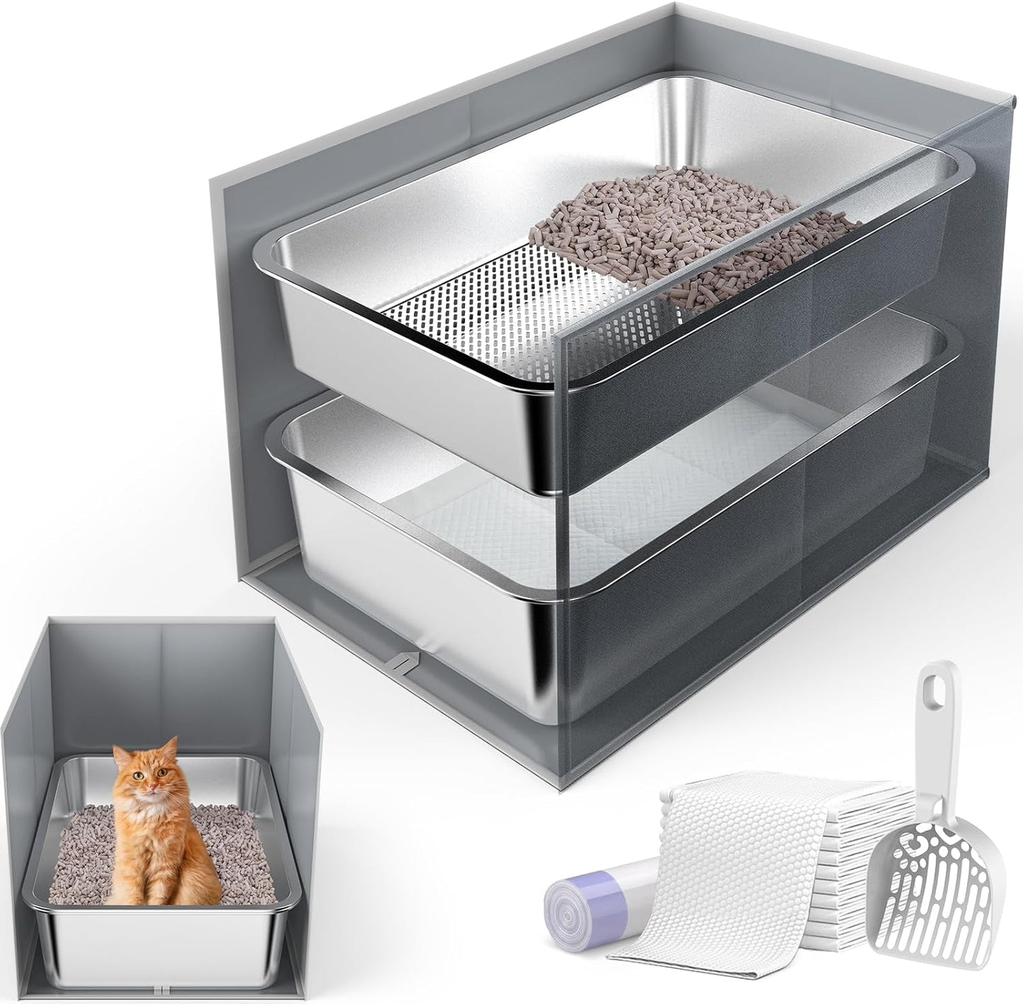 Stainless Steel Litter Box with Litter Box Enclosure Splash Guard for Big Cats, Multi-Cats