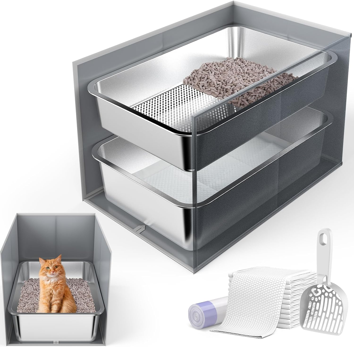 Stainless Steel Litter Box with Litter Box Enclosure Splash Guard for Big Cats, Multi-Cats