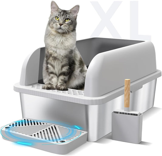 Enclosed Stainless Steel Cat Litter Box with Lid Extra Large Litter Box for Big Cats