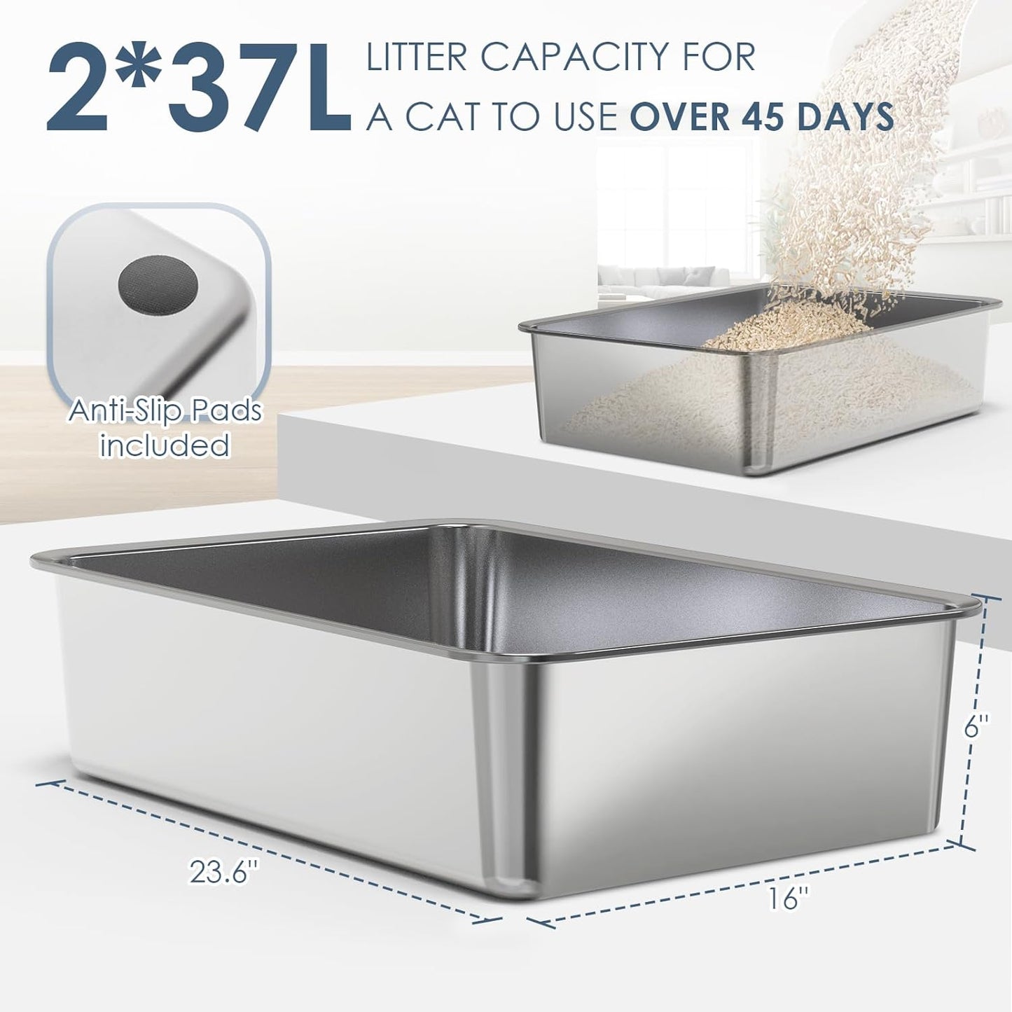 Suzzipaws 2 Pack 6" Deep & Extra Large Stainless Steel Cat Litter Boxes with 36L Big Capacity