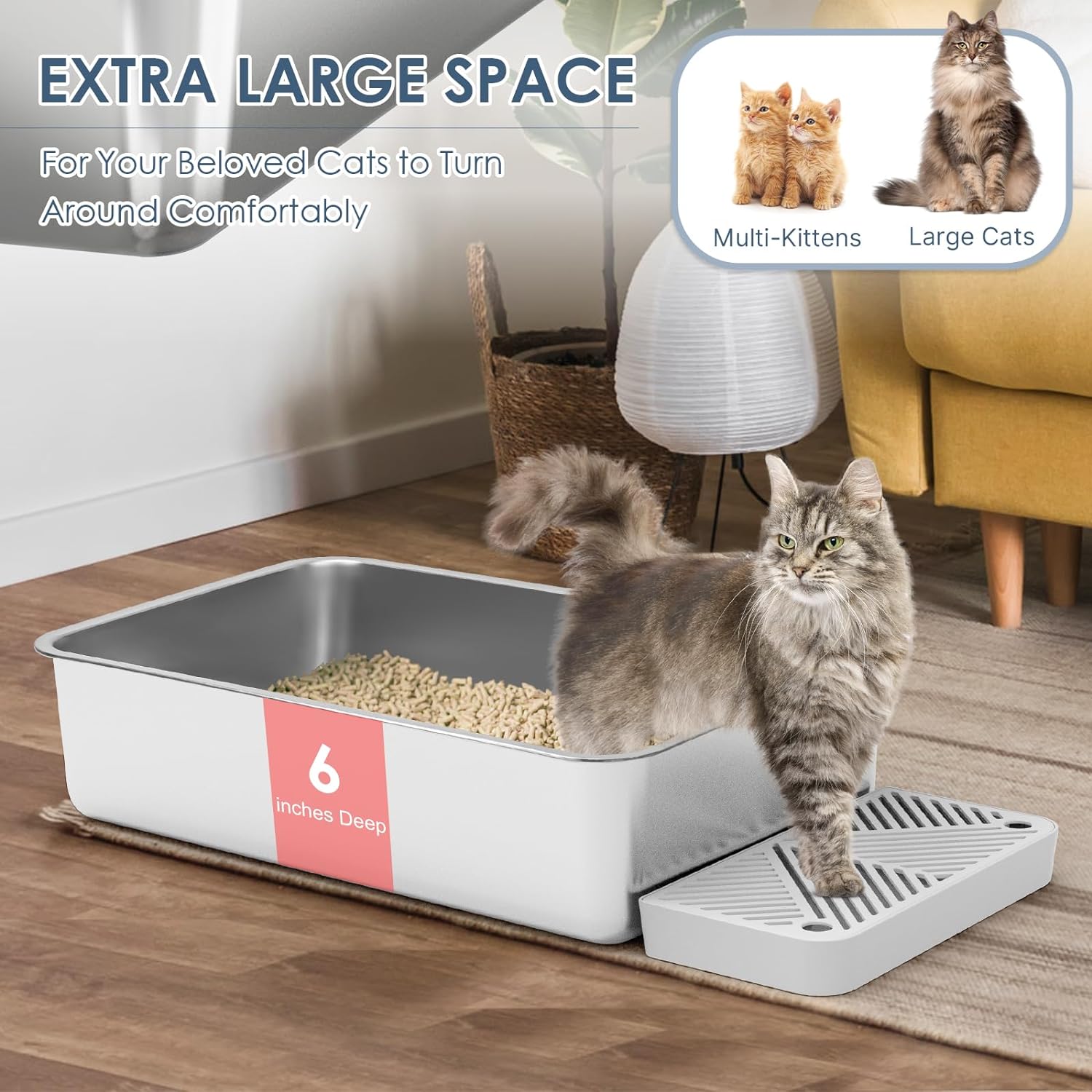 Suzzipaws 2 Pack 6" Deep & Extra Large Stainless Steel Cat Litter Boxes with 36L Big Capacity