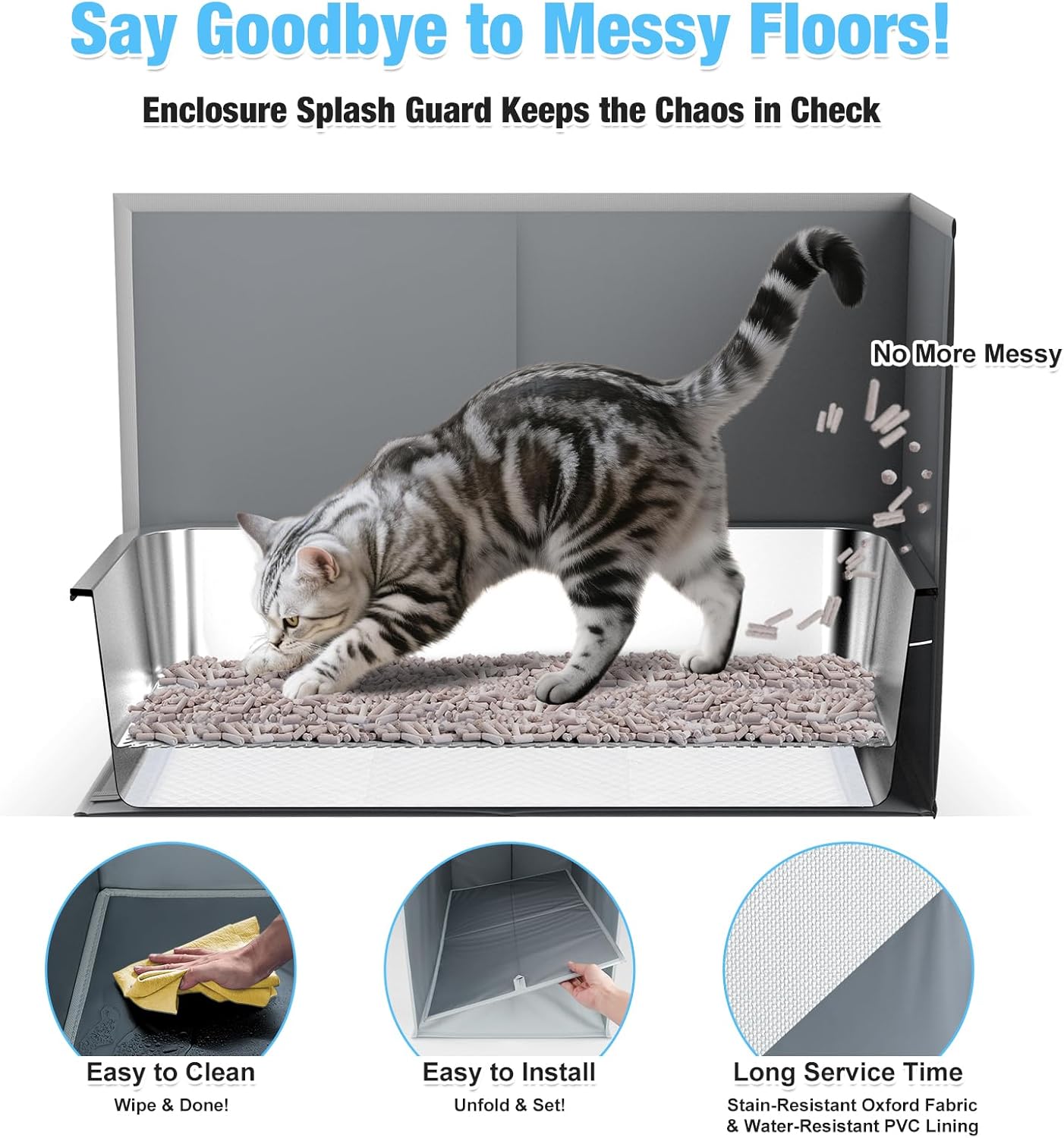 Stainless Steel Litter Box with Litter Box Enclosure Splash Guard for Big Cats, Multi-Cats