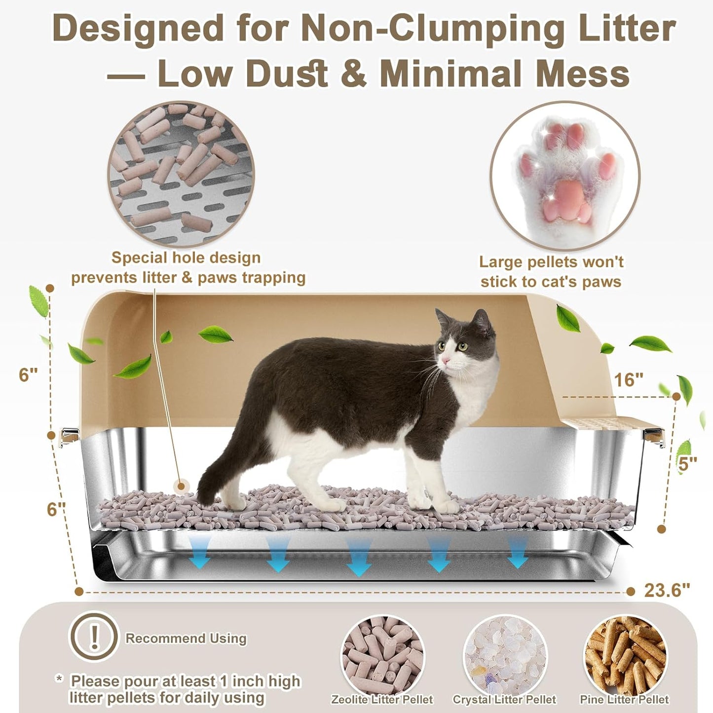 23.6"x16"x12" Stainless Steel Sifting Litter Box with Lid, XL Sifting Litter Box for Pine Pellets