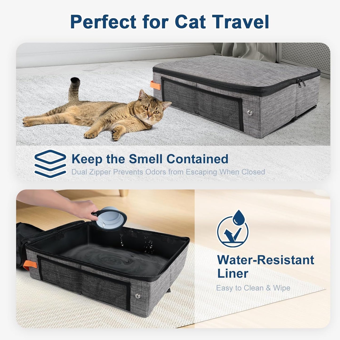 Portable Travel Litter Box for Cats with Lid, 17.7×13.5×13.75in Collapsible Cat Litter Box with Zipper, Leak-Proof Cat Box for Car, Hotel, Airplane