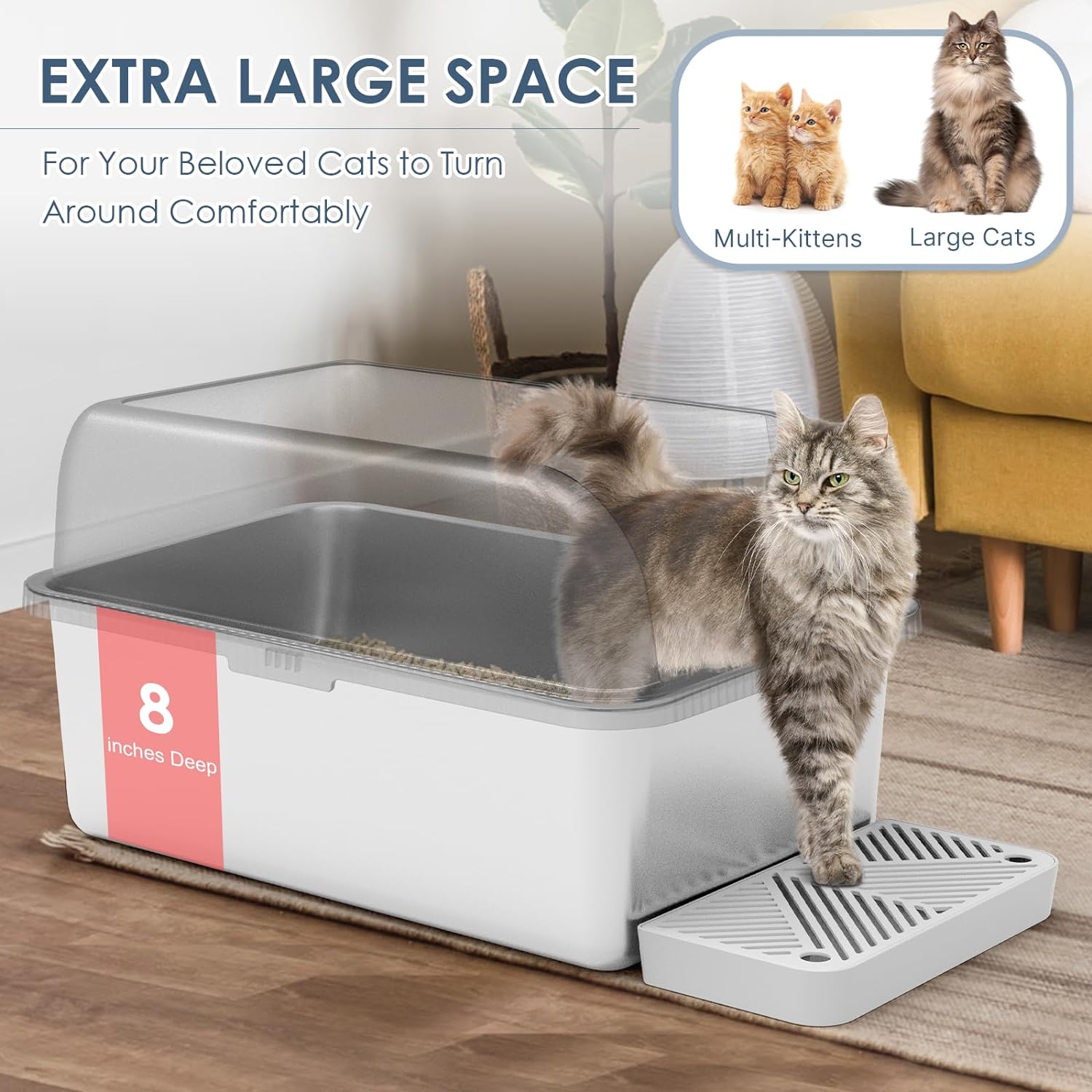 8" Deep Stainless Steel Cat Litter Box with Lid Extra Large Litter Box for Big Cats