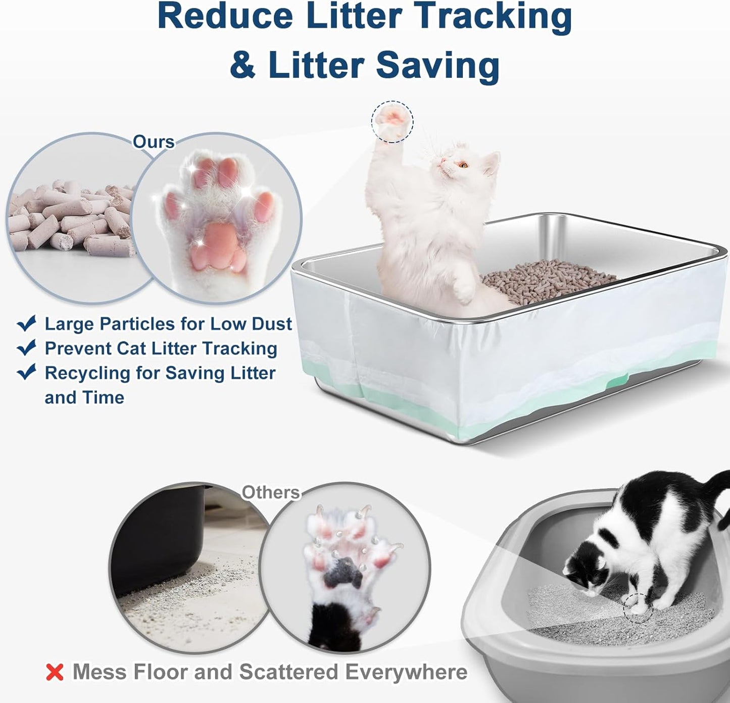 Stainless Steel Litter Box, Open Top Sifting Litter Box for Pine Pellets, Metal Litter Pan Tray