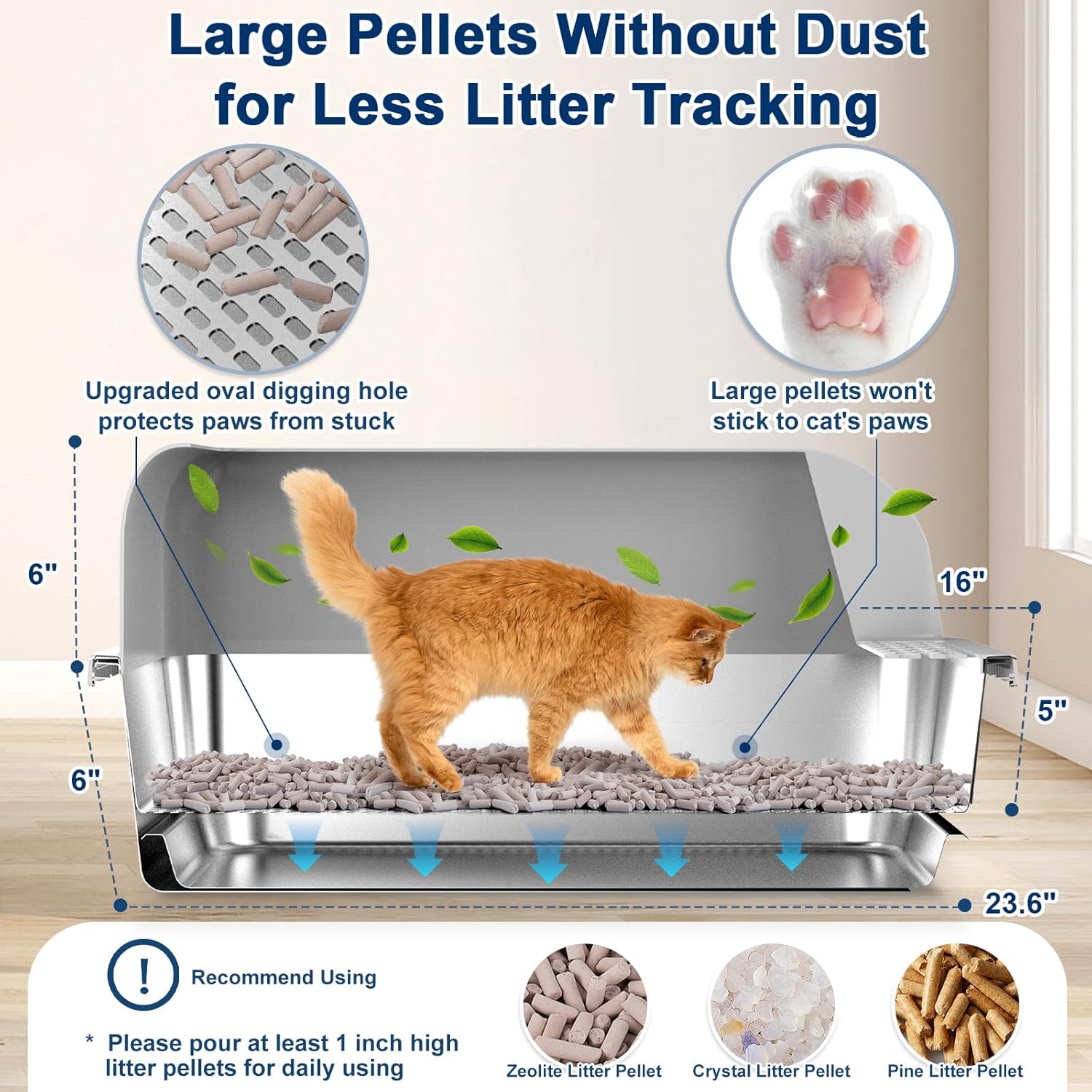 Enclosed Stainless Steel Litter Box with Lid, XL Sifting Litter Box for Pine Pellets with Removable Drawer Pan