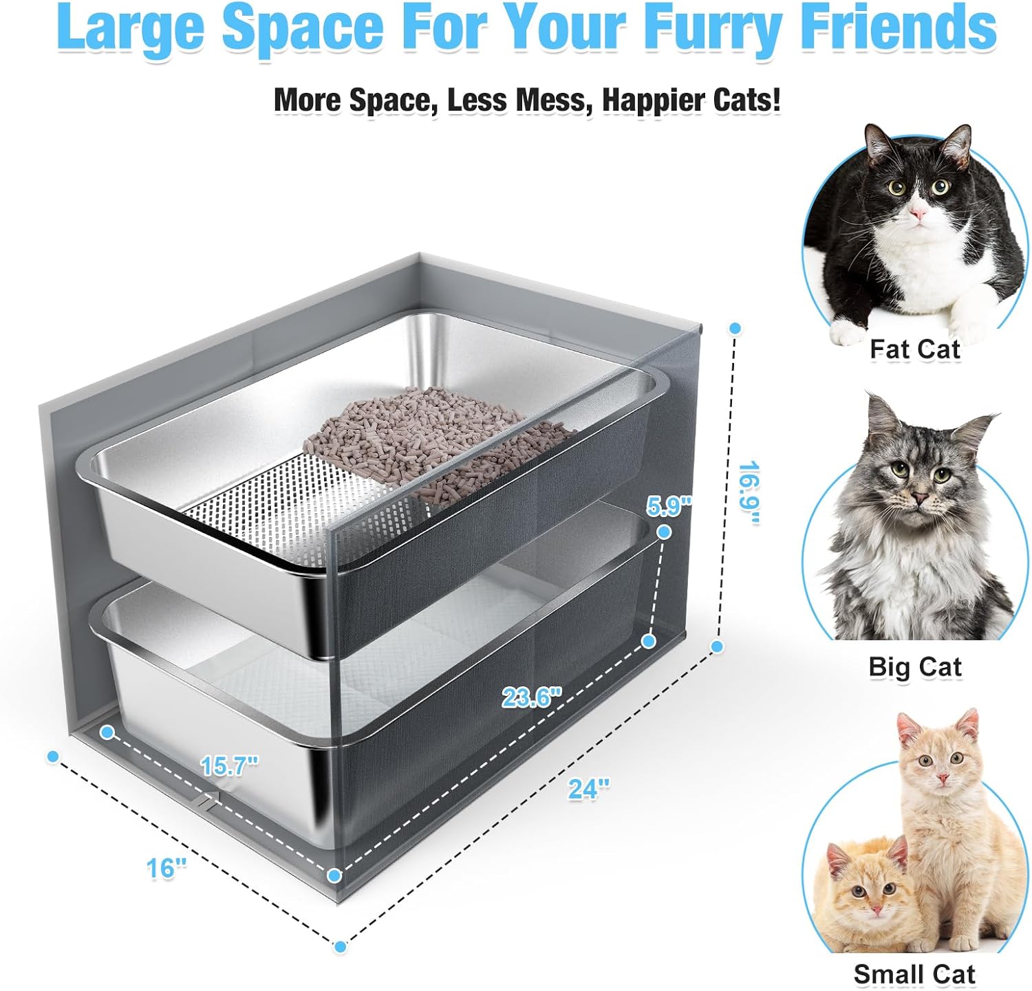Stainless Steel Litter Box with Litter Box Enclosure Splash Guard for Big Cats, Multi-Cats