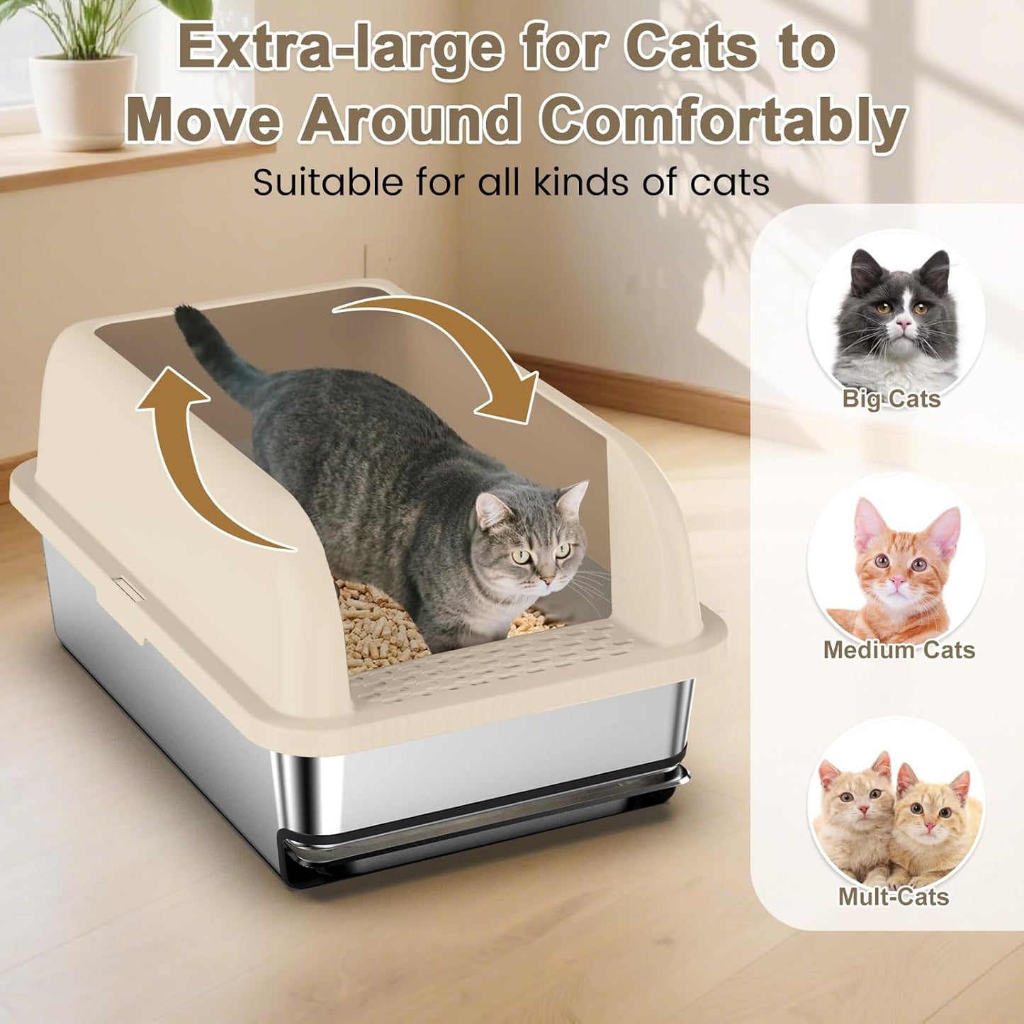 23.6"x16"x12" Stainless Steel Sifting Litter Box with Lid, XL Sifting Litter Box for Pine Pellets