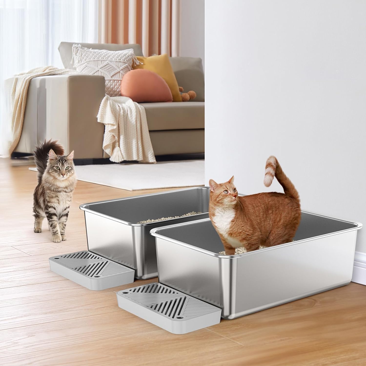 2 Pack 8" Extra Deep & Large Stainless Steel Litter Box for Cat with 49L Big Capacity