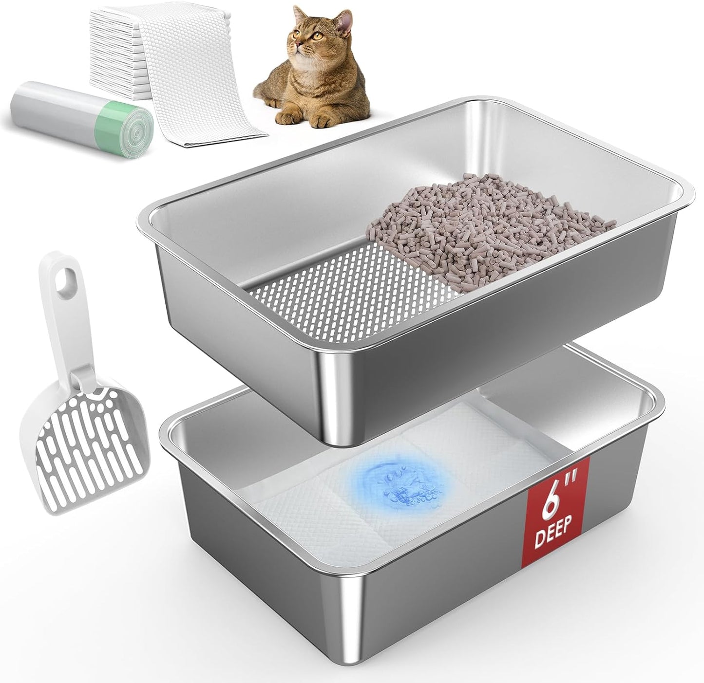 Stainless Steel Litter Box, Open Top Sifting Litter Box for Pine Pellets, Metal Litter Pan Tray