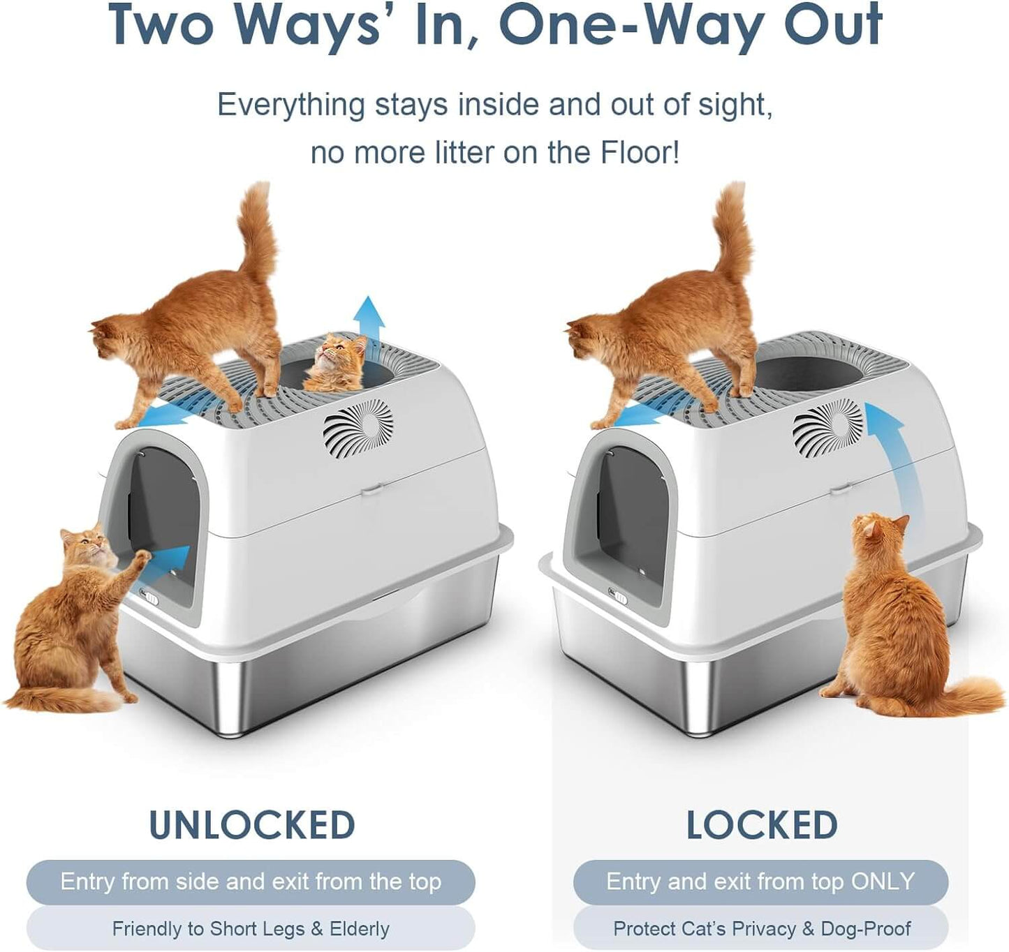 Stainless Steel Top Entry Litter Box with Dog-Proof, Hooded