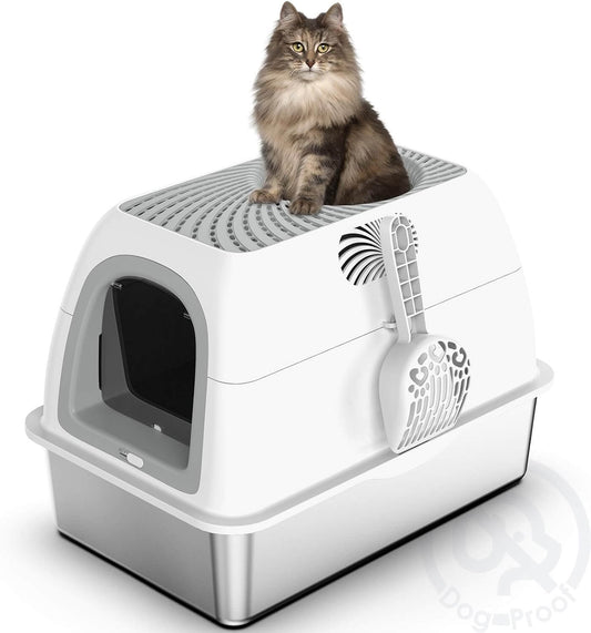 Stainless Steel Top Entry Litter Box with Dog-Proof, Hooded Stainless Steel Litter Box with Filter Lid & Scoop