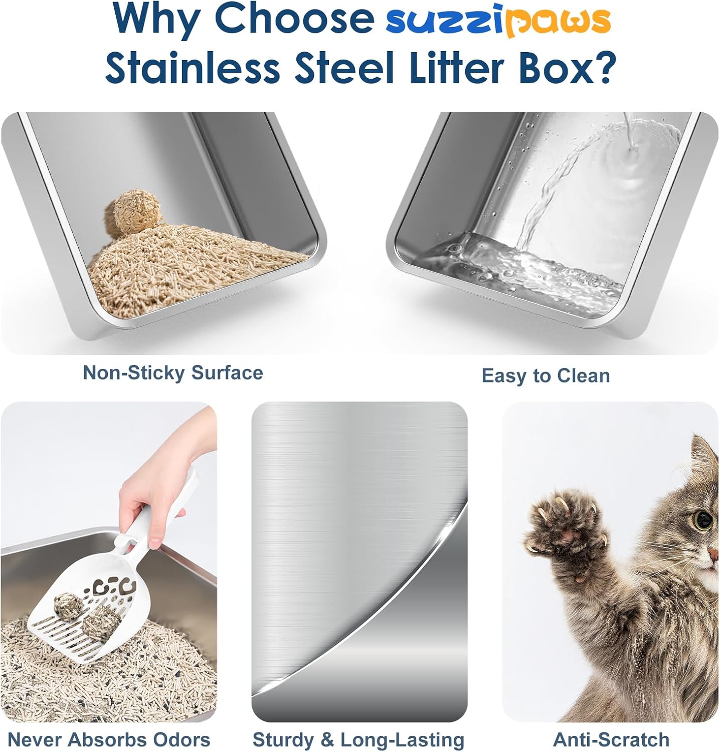 8" Deep Stainless Steel Cat Litter Box with Lid Extra Large Litter Box for Big Cats