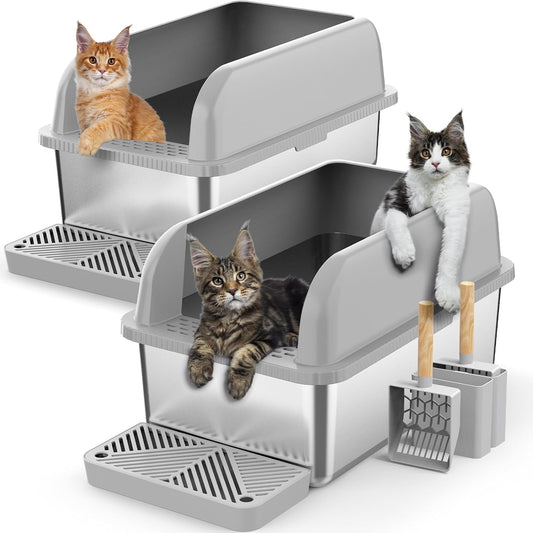 2 Pack 8" Deep Stainless Steel Litter Box with Lid