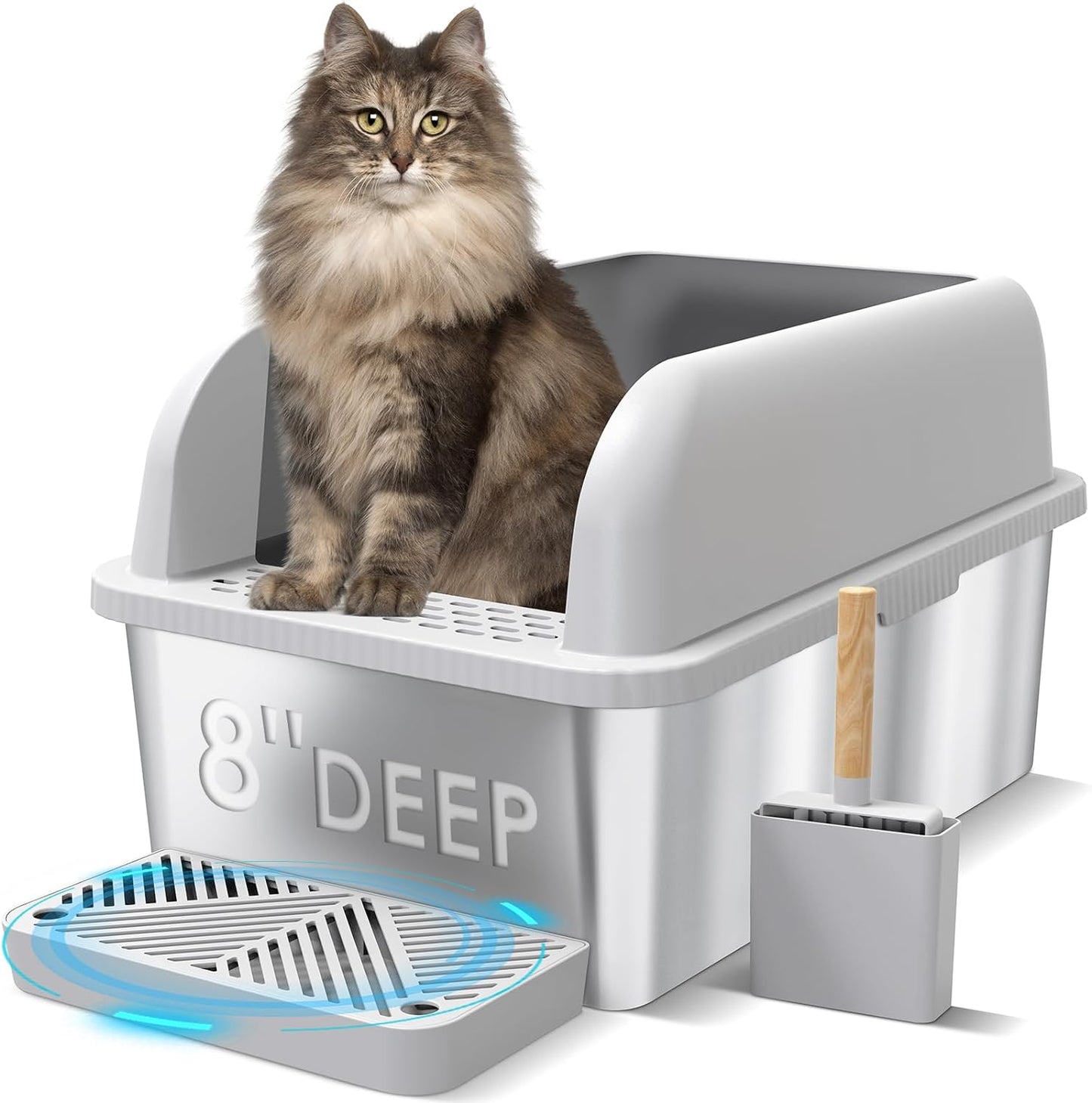 8" Deep Stainless Steel Cat Litter Box with Lid Extra Large Litter Box for Big Cats