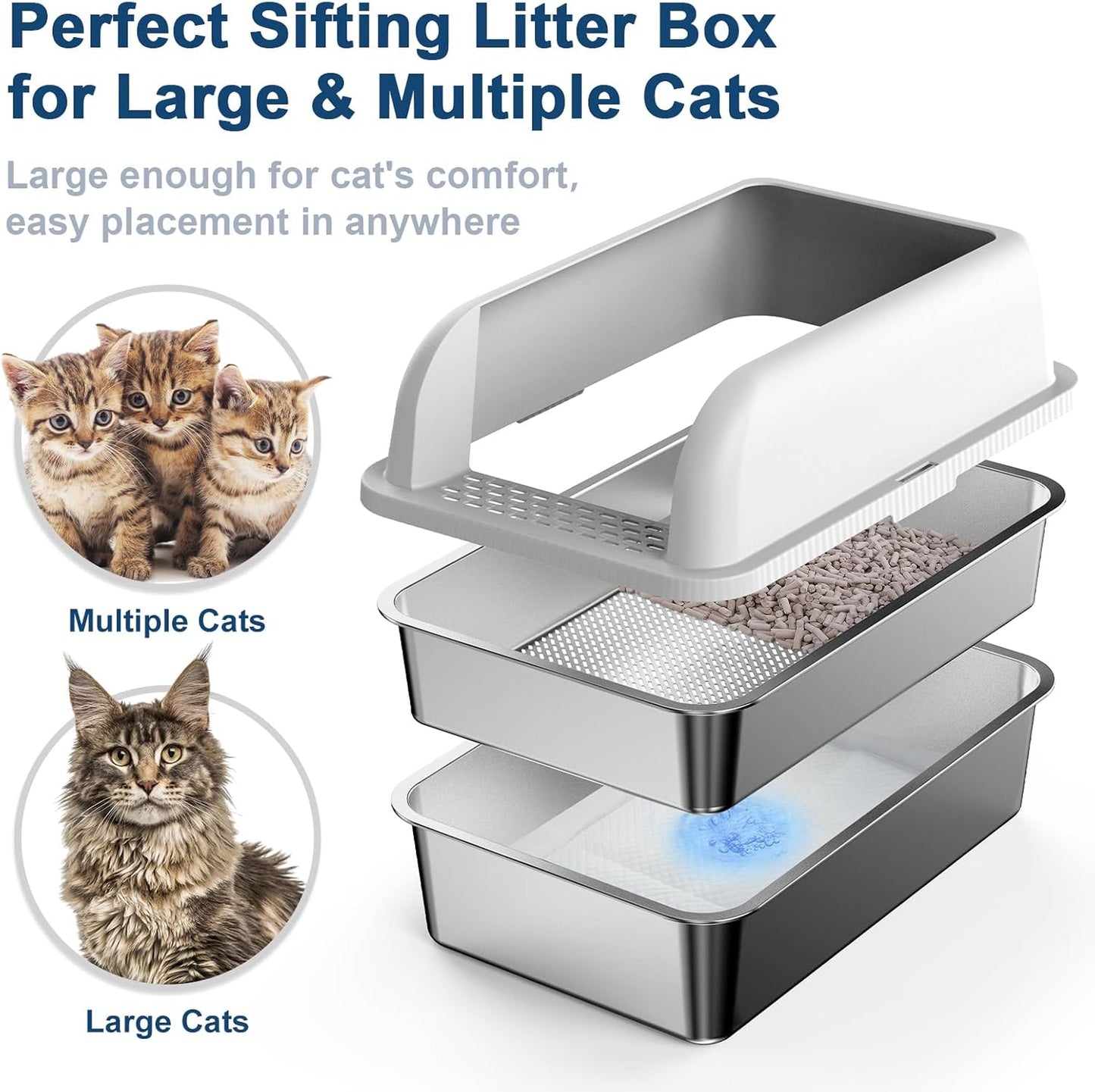 Enclosed Stainless Steel Litter Box with Lid, XL Sifting Litter Box for Pine Pellets