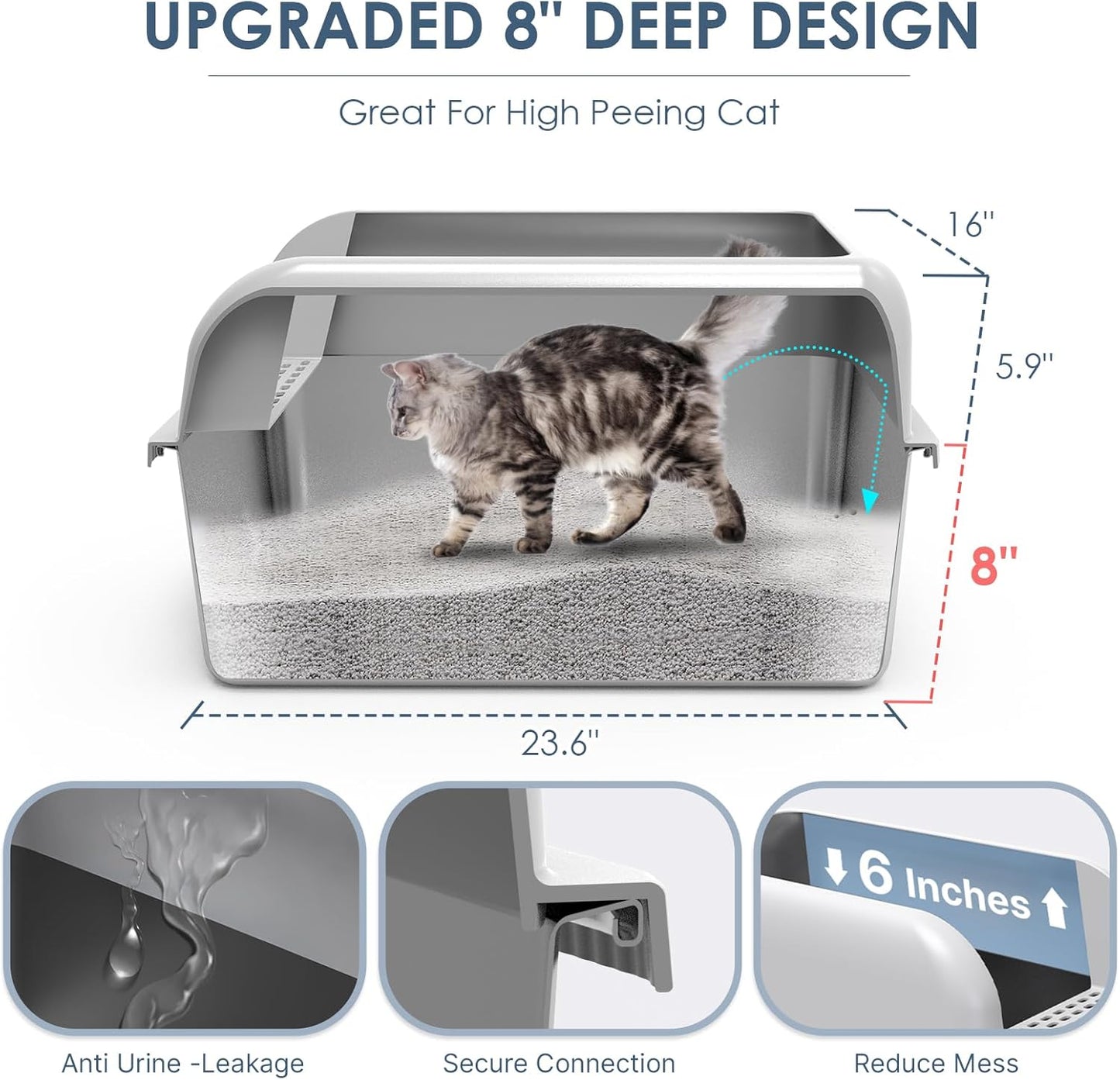 8" Deep Stainless Steel Cat Litter Box with Lid Extra Large Litter Box for Big Cats