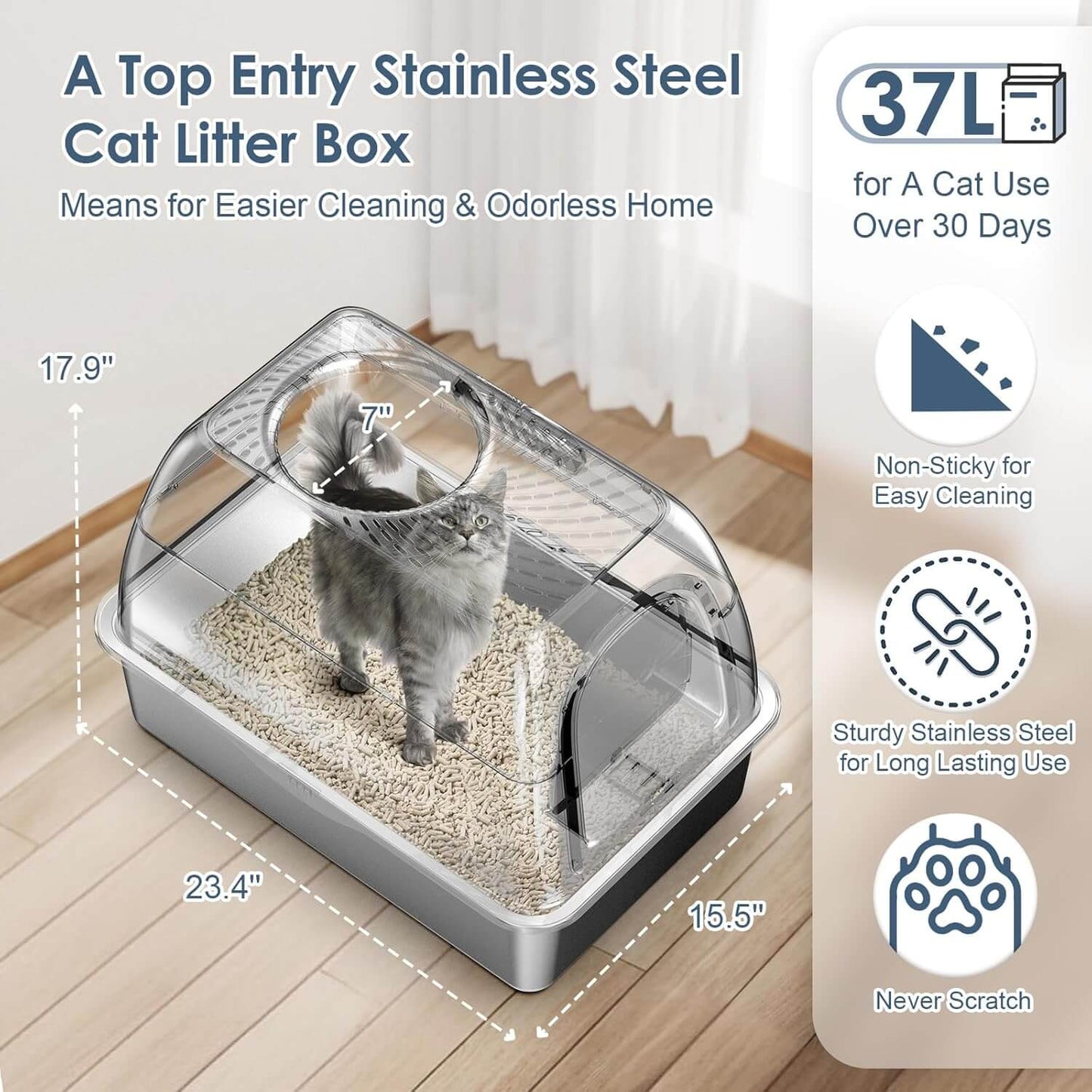 Stainless Steel Top Entry Litter Box with Dog-Proof, Hooded Stainless Steel Litter Box with Filter Lid & Scoop