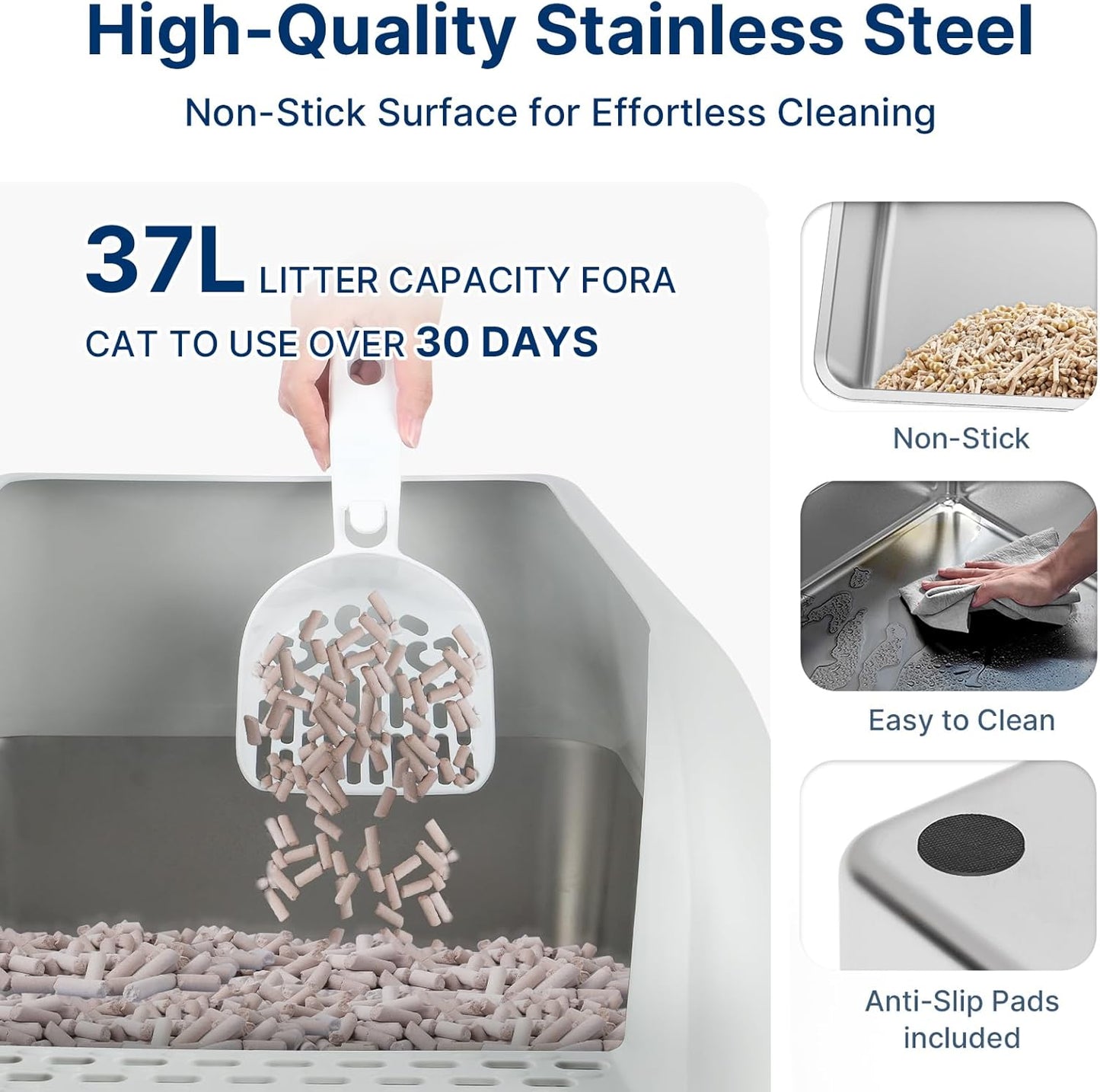 Enclosed Stainless Steel Litter Box with Lid, XL Sifting Litter Box for Pine Pellets with Removable Drawer Pan