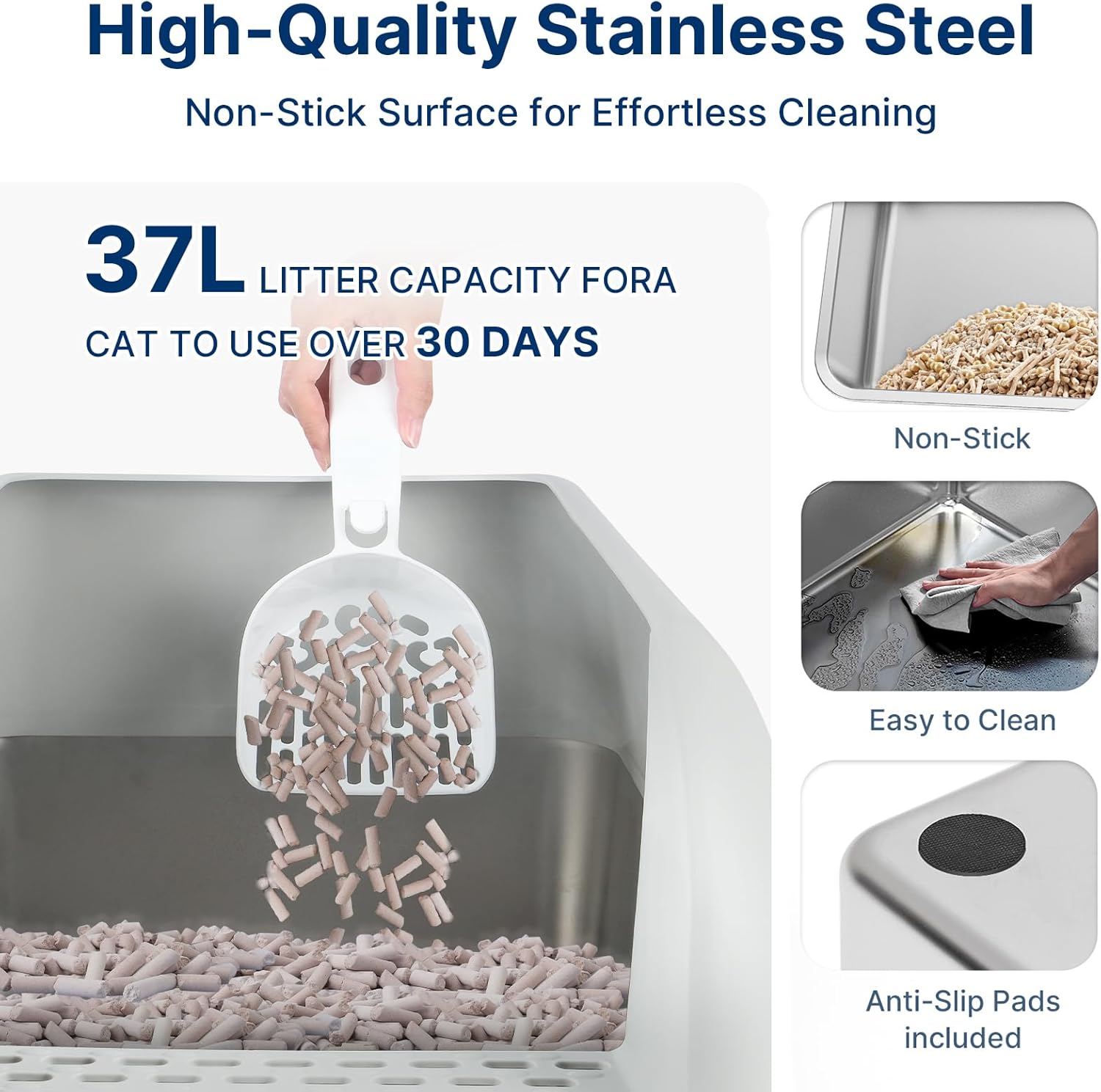 Enclosed Stainless Steel Litter Box with Lid, XL Sifting Litter Box for Pine Pellets with Removable Drawer Pan